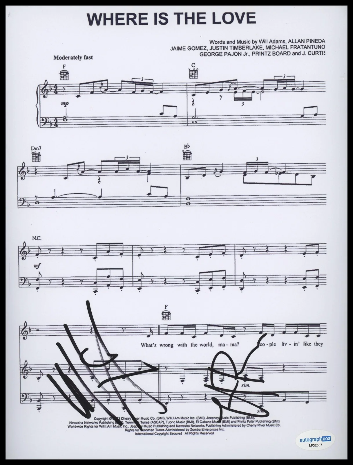 Taboo, will.i.am — will.i.am & Taboo "Black Eyed Peas" SIGNED 'Where Is the Love' Sheet Music ACOA