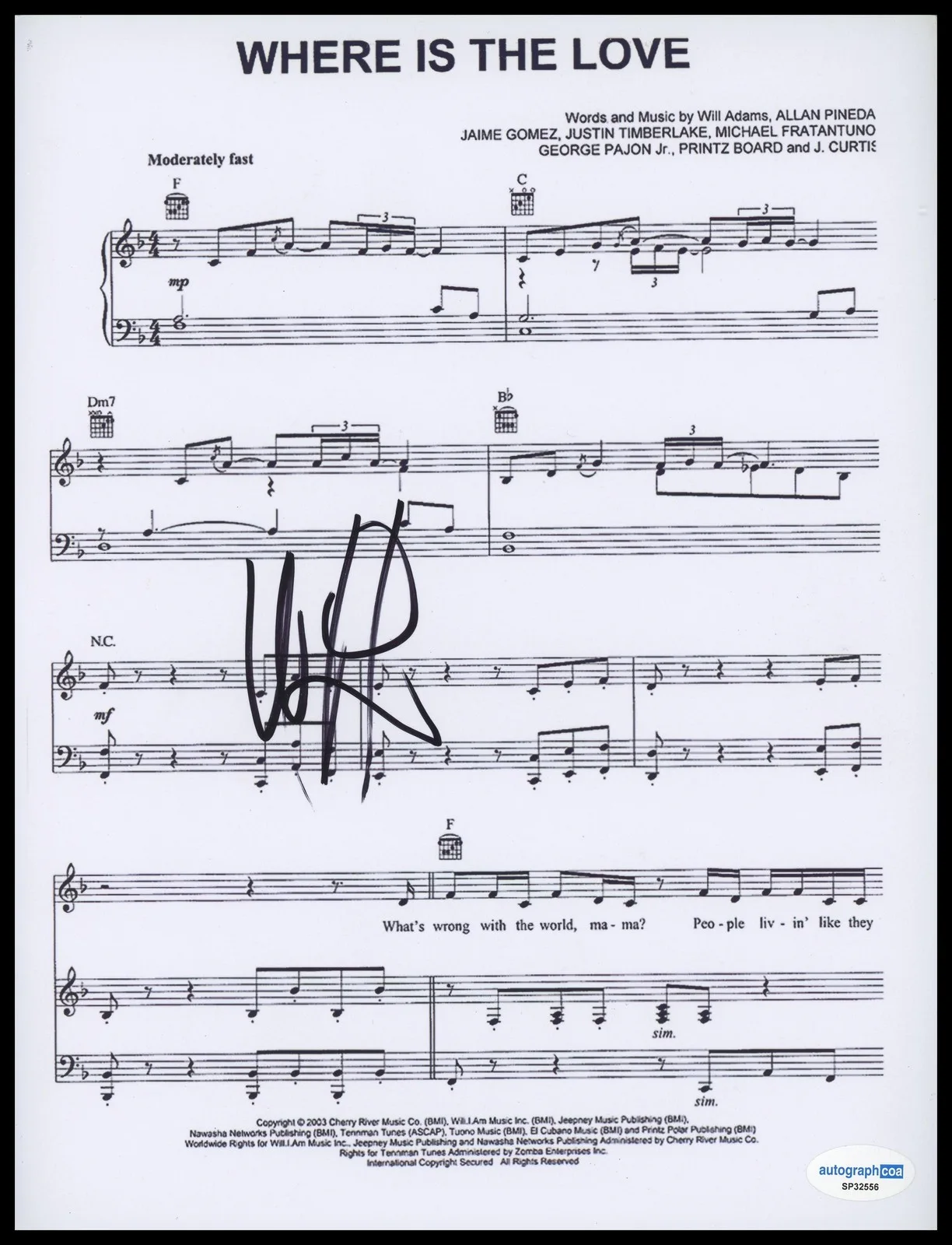 will.i.am — will.i.am "Black Eyed Peas" AUTOGRAPH Signed 'Where Is the Love' Sheet Music