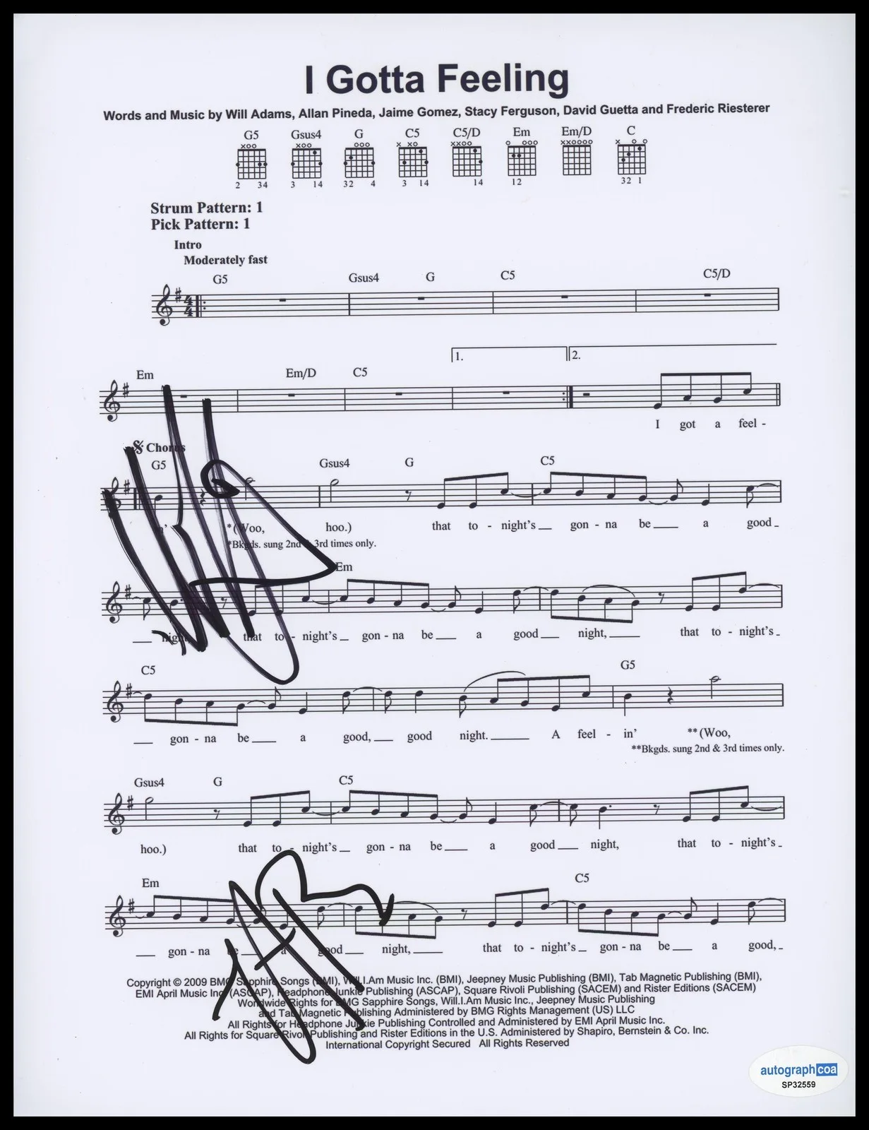Taboo, will.i.am — will.i.am & Taboo "Black Eyed Peas" SIGNED 'I Gotta Feeling' Sheet Music ACOA