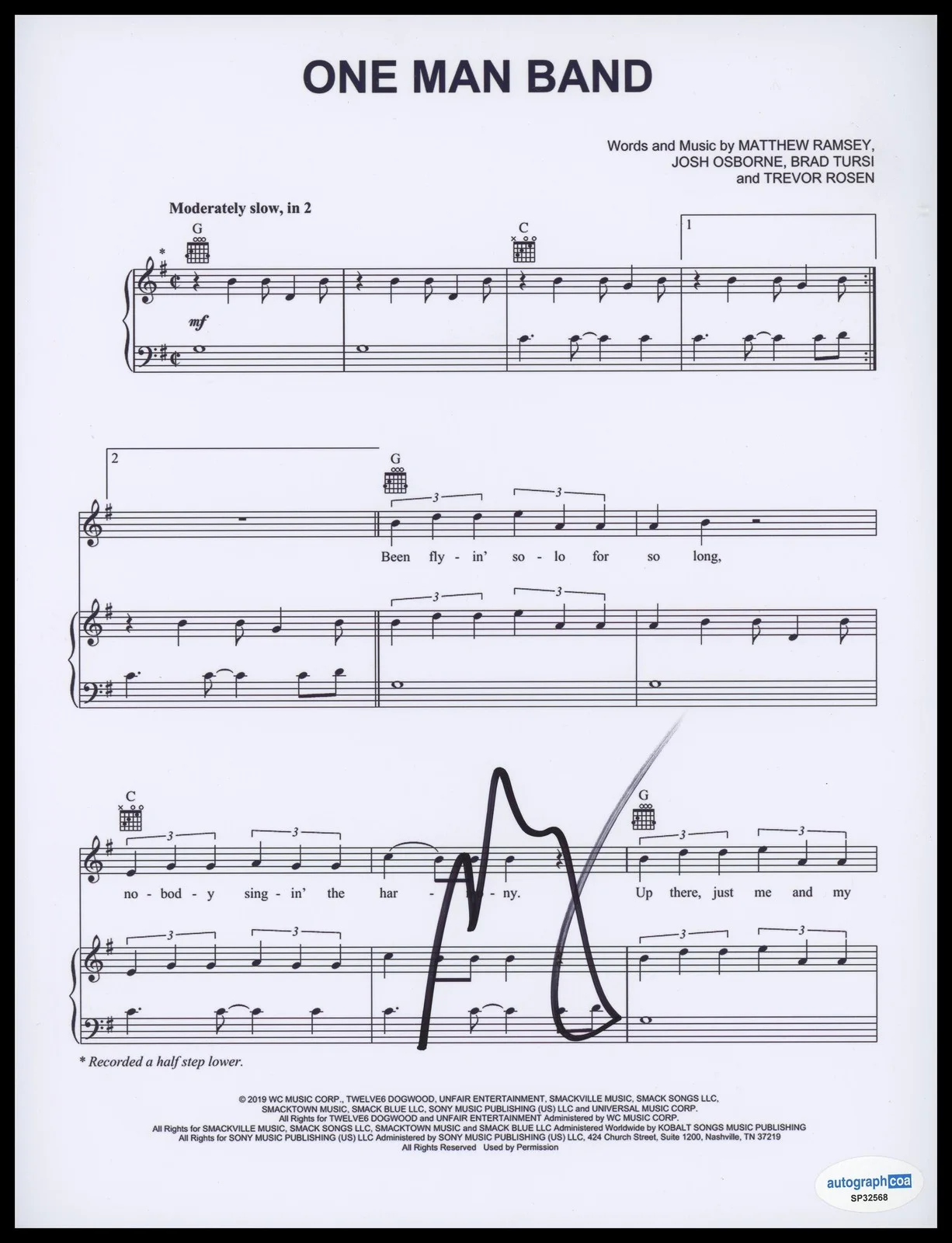 Matthew Ramsey — Matthew Ramsey "Old Dominion" AUTOGRAPH Signed 'One Man Band' Sheet Music ACOA
