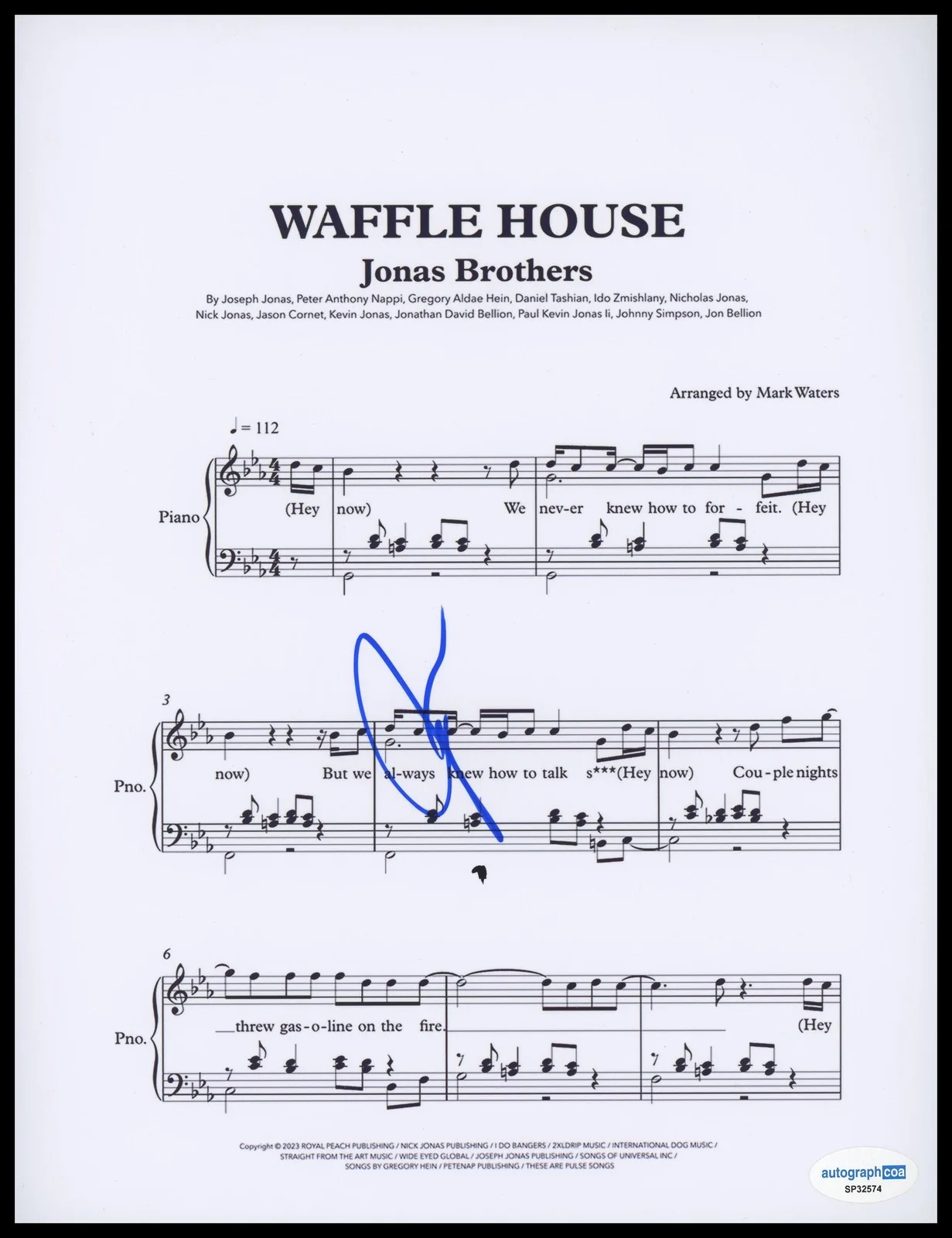 Joe Jonas — Joe Jonas "Jonas Brothers" AUTOGRAPH Signed 'Waffle House' Sheet Music ACOA