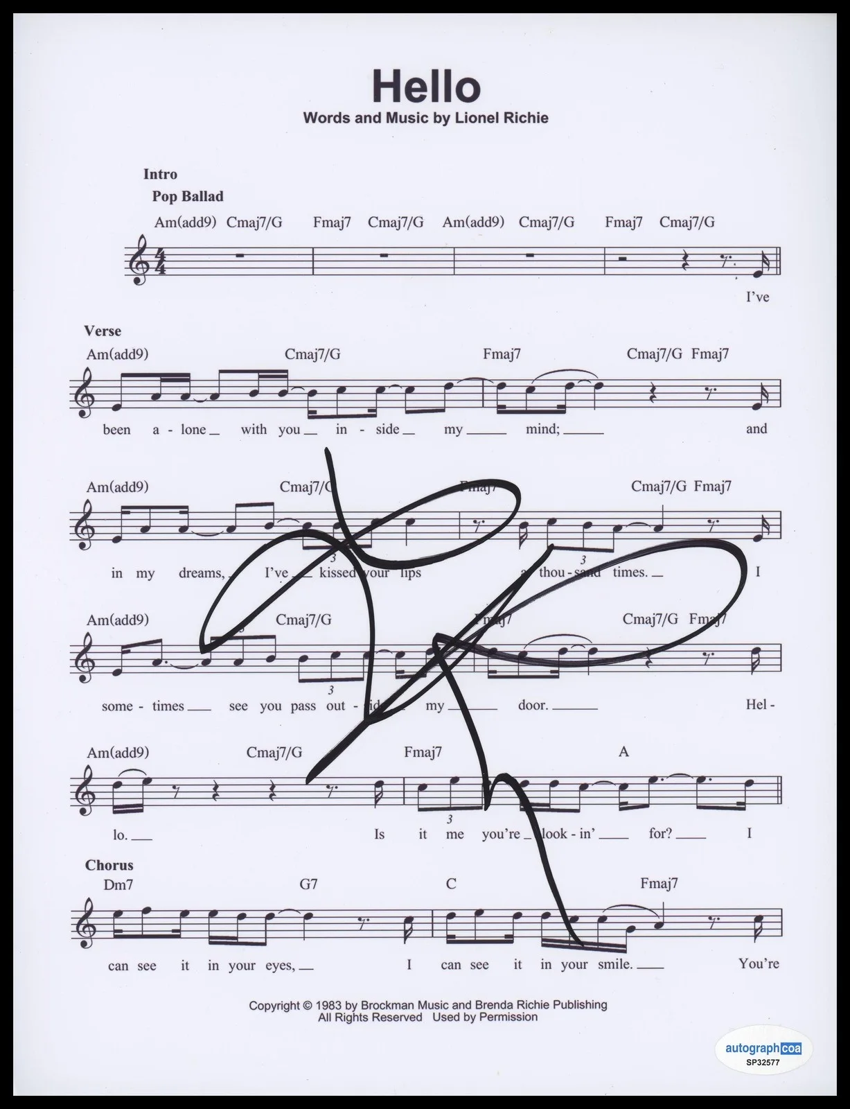 Lionel Richie — Lionel Richie "Can't Slow Down" AUTOGRAPH Signed 'Hello' 8.5x11 Sheet Music ACOA