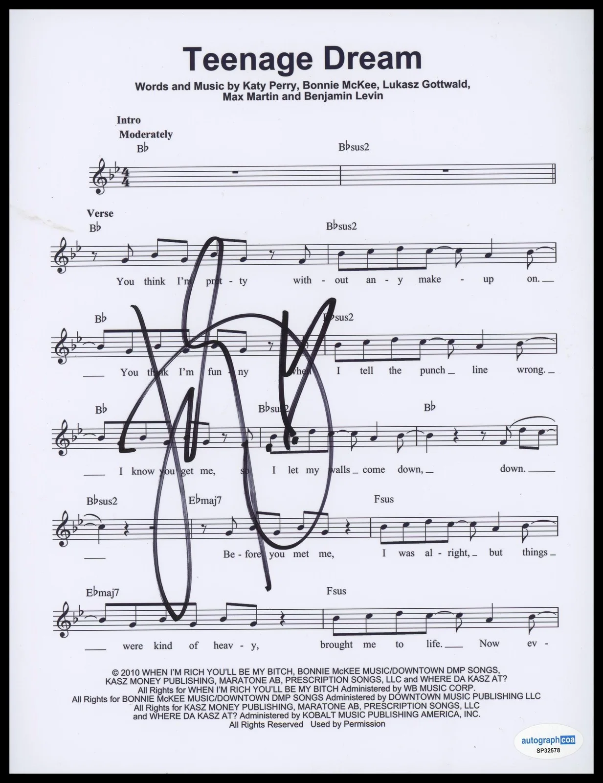 Katy Perry — Katy Perry "Teenage Dream" AUTOGRAPH Signed Autographed 8.5x11 Sheet Music ACOA
