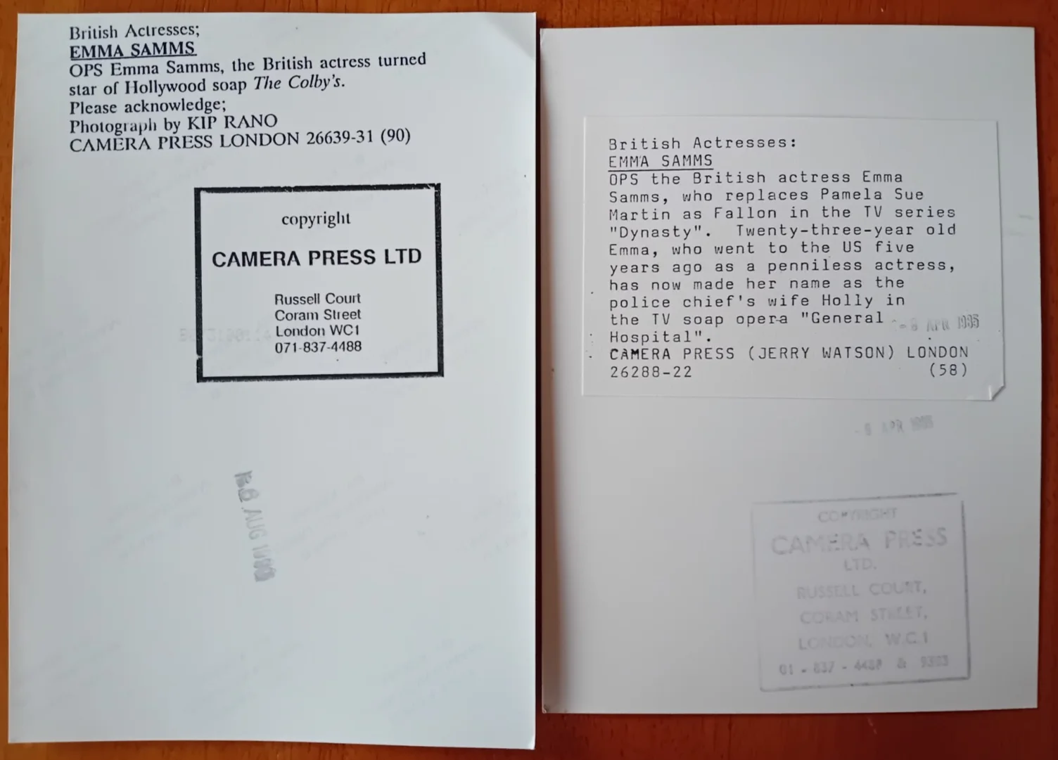 LOT OF 2 ORIGINAL 1980s PRESS PHOTOS EMMA SAMMS, изображение 2
