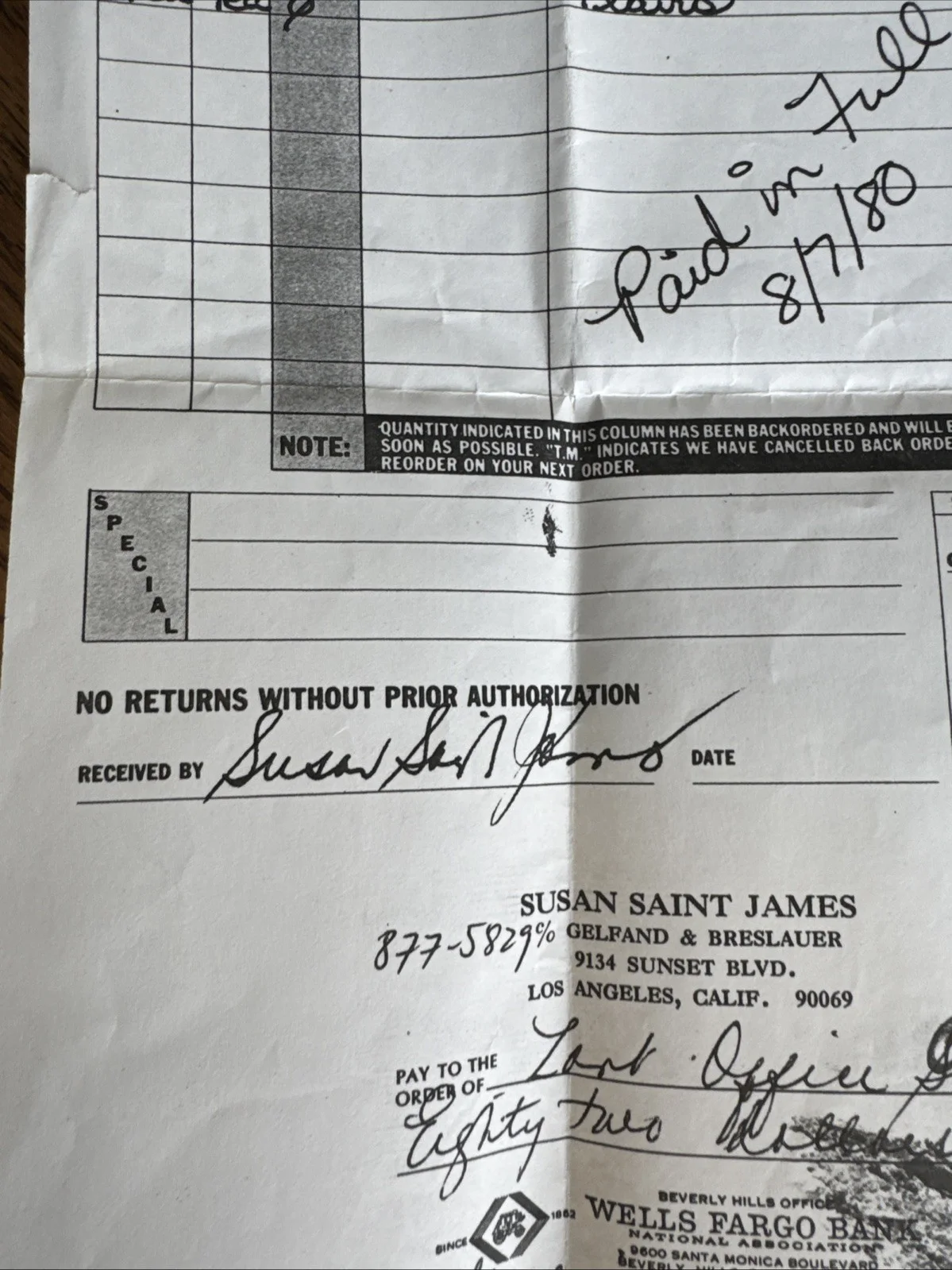 Susan Saint James — SUSAN SAINT JAMES Copy Of Document 8/7/1989 Sales Invoice & Her Personal Check, image 2