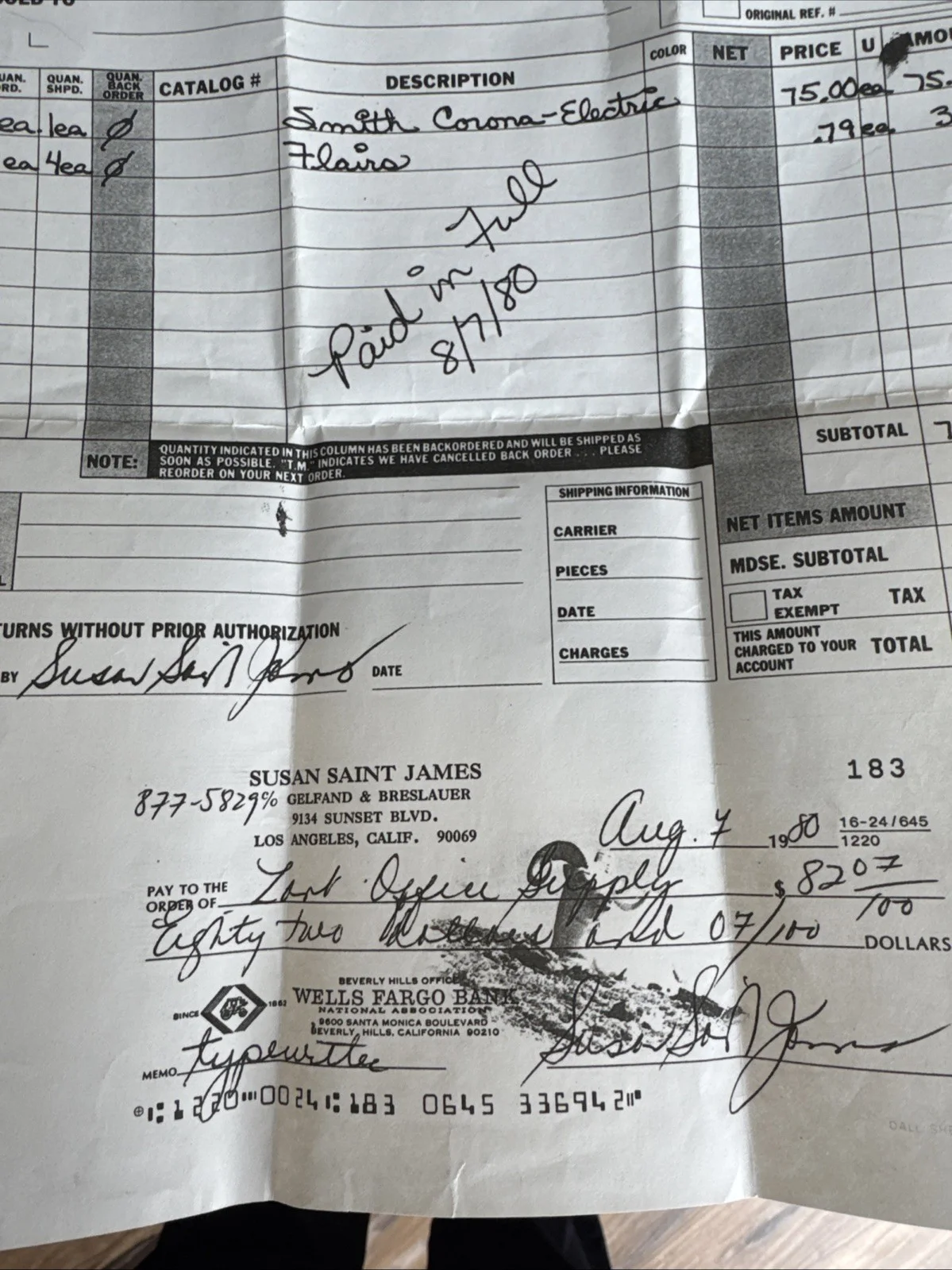 Susan Saint James — SUSAN SAINT JAMES Copy Of Document 8/7/1989 Sales Invoice & Her Personal Check, image 3