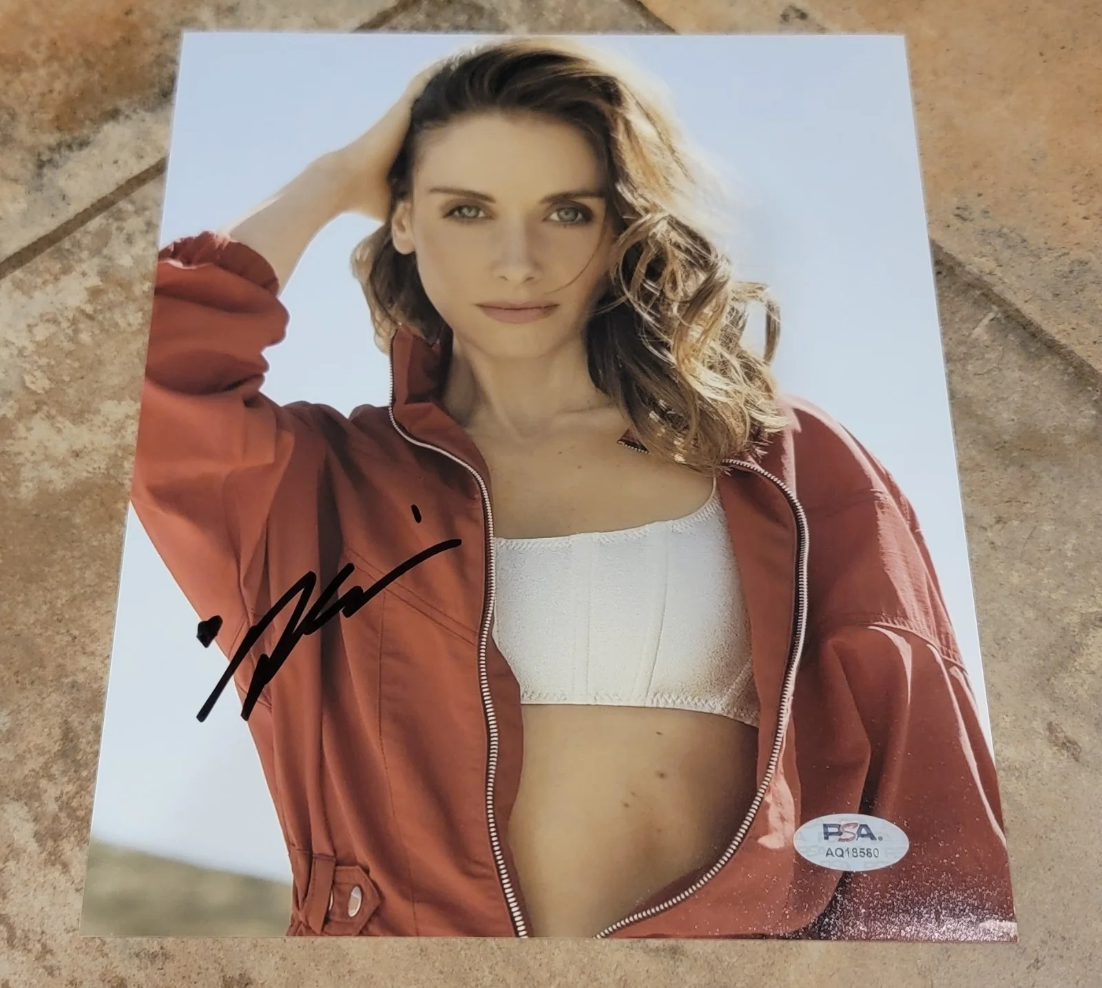 Alison Brie — Alison Brie signed 8x10 photo autograph PSA DNA Photoshoot red jacket