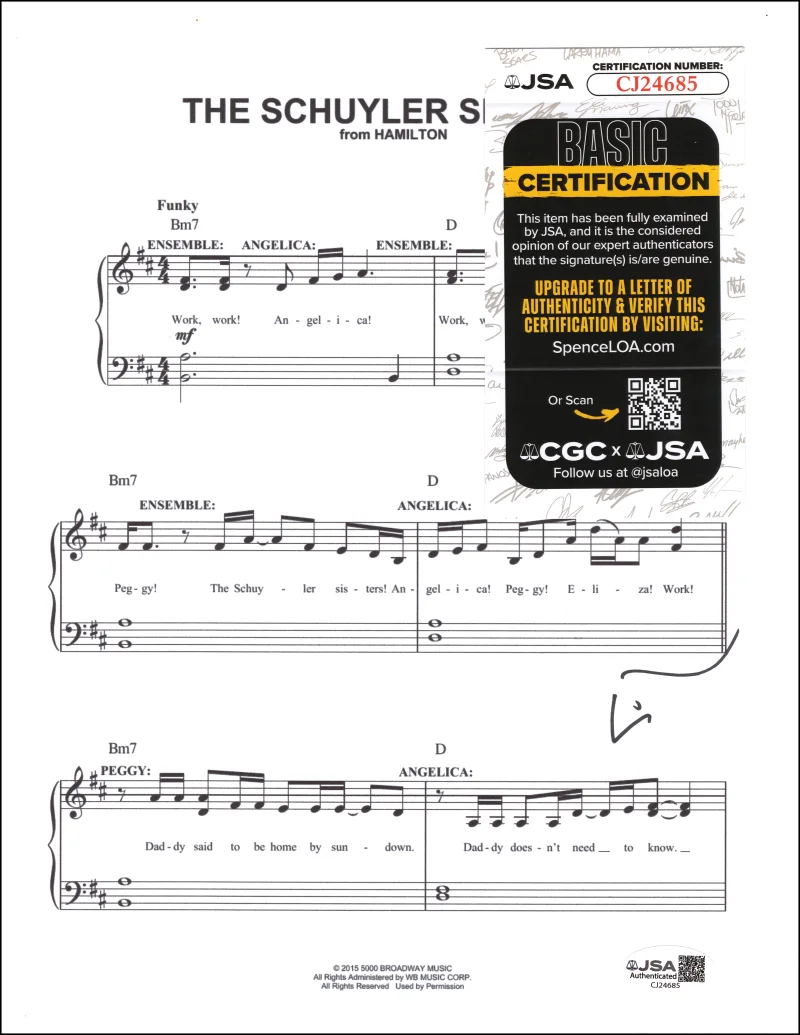 Lin-Manuel Miranda — Lin-Manuel Miranda Signed Autograph Hamilton Schuyler Sisters Sheet Music w/ JSA, изображение 2