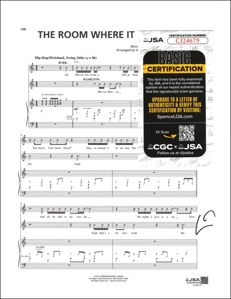 Lin-Manuel Miranda — Lin-Manuel Miranda Signed Autograph Hamilton Room Where It Happens Sheet Music, image 2