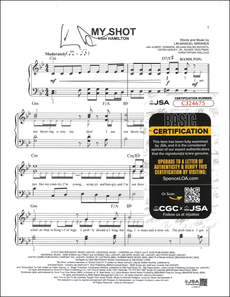 Lin-Manuel Miranda — Lin-Manuel Miranda Signed Autograph Hamilton My Shot Sheet Music w/ JSA COA, image 2