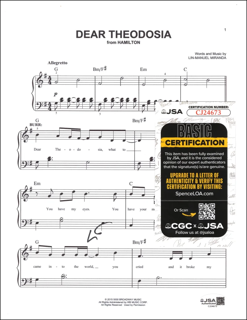 Lin-Manuel Miranda — Lin-Manuel Miranda Signed Autograph Hamilton Dear Theodosia Sheet Music JSA COA, изображение 2