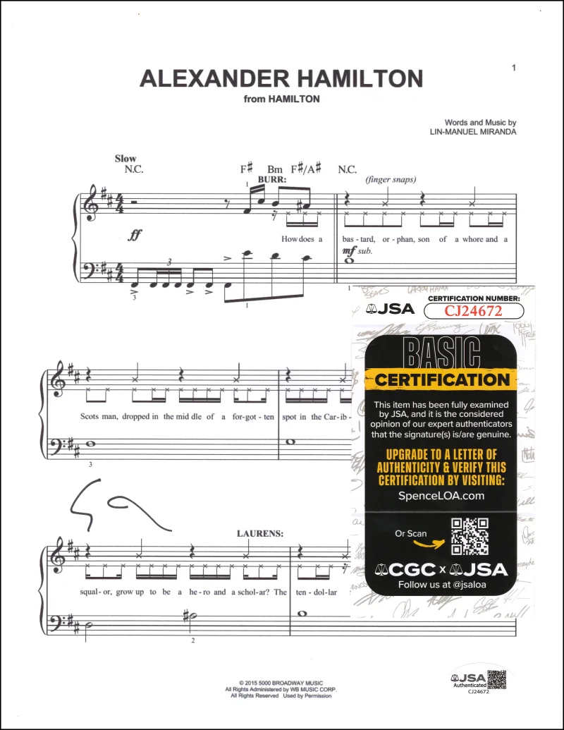 Lin-Manuel Miranda — Lin-Manuel Miranda Signed Autograph Alexander Hamilton Sheet Music w/ JSA COA, image 2