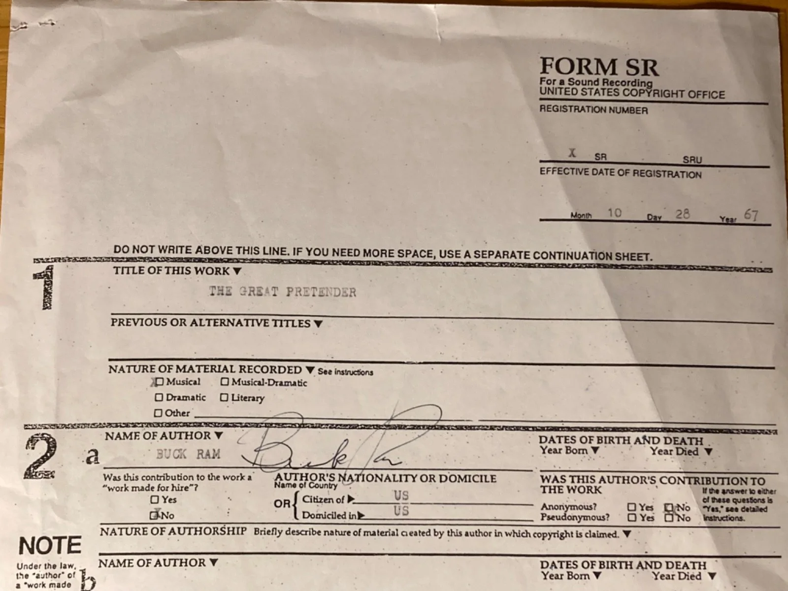 Hand SIGNED Buck Ram THE GREAT PRETENDER Song Contract (Popularized The Platters, изображение 3