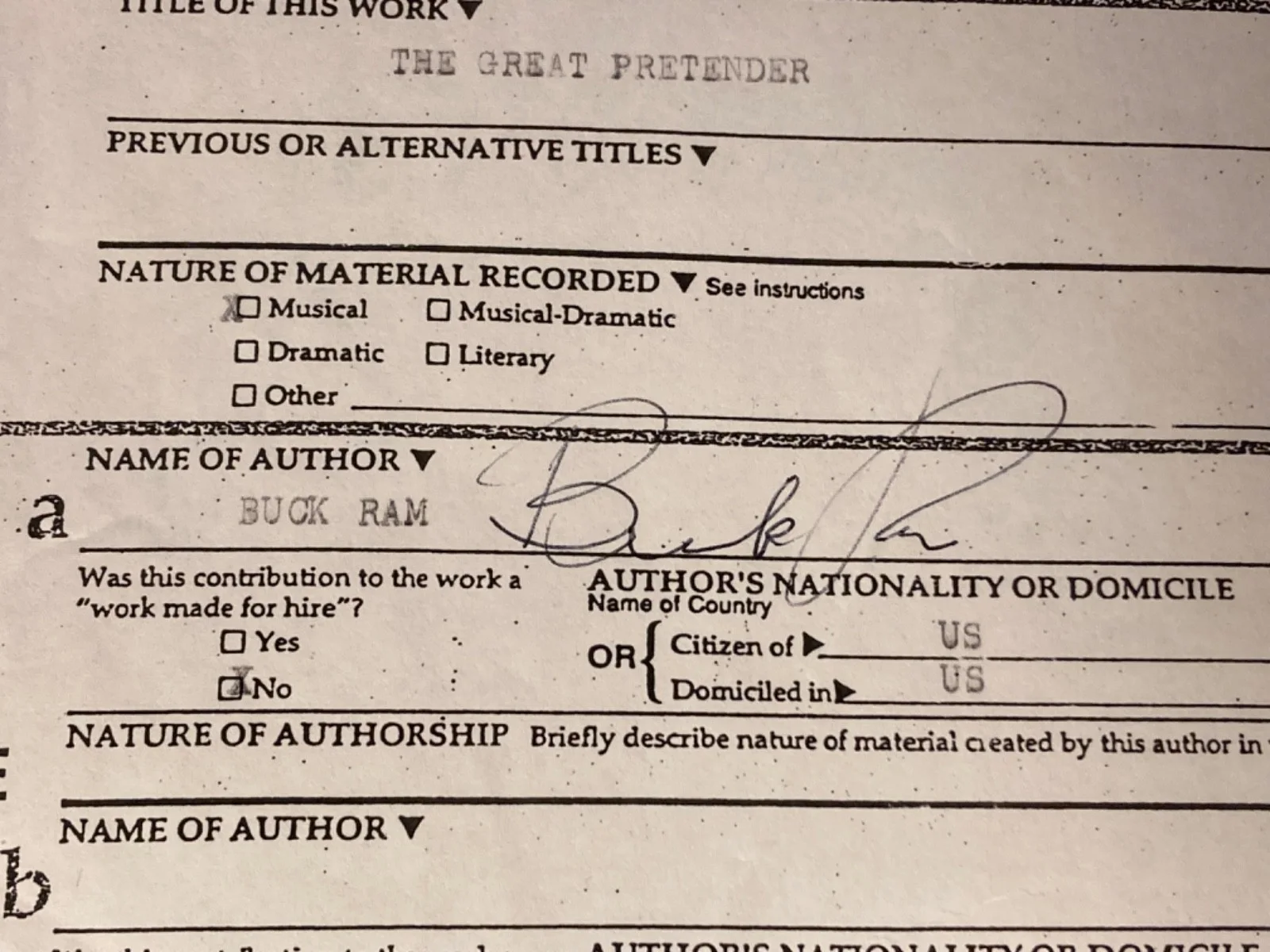 Hand SIGNED Buck Ram THE GREAT PRETENDER Song Contract (Popularized The Platters, изображение 4