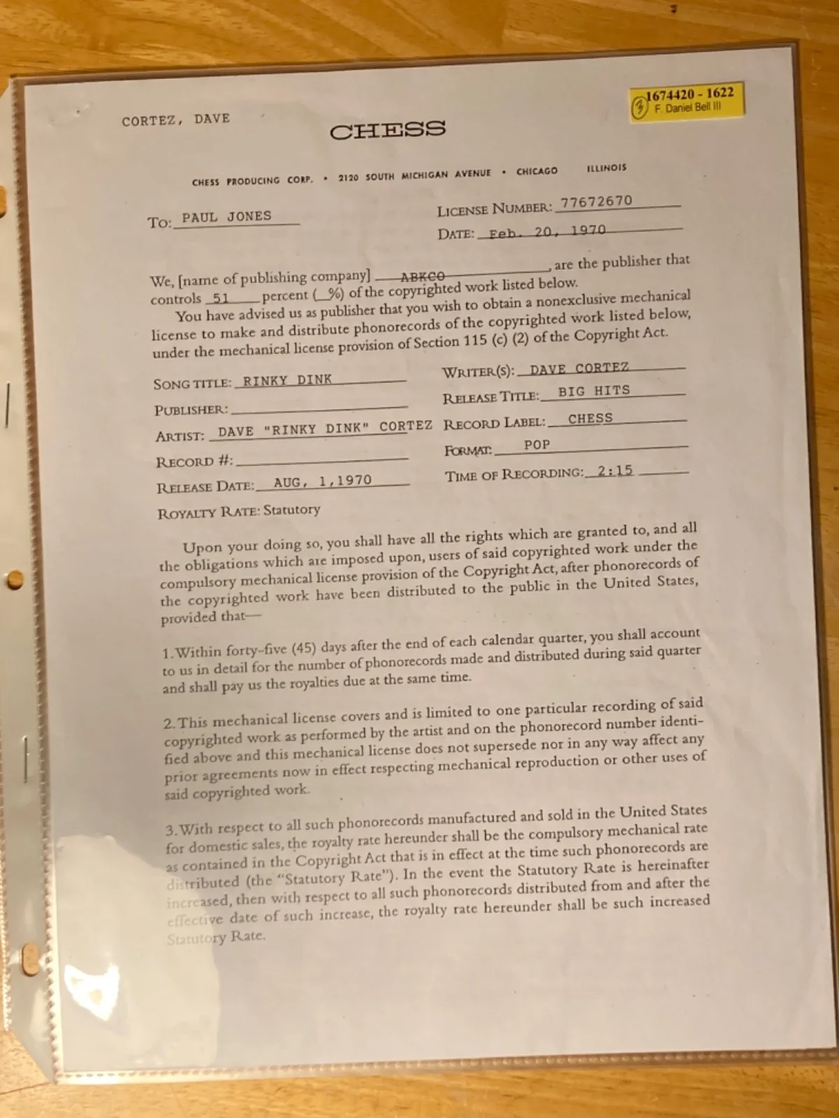 Hand SIGNED Dave Cortez "Rinky Dink" Song Contract w/ CHESS Record Label, image 3