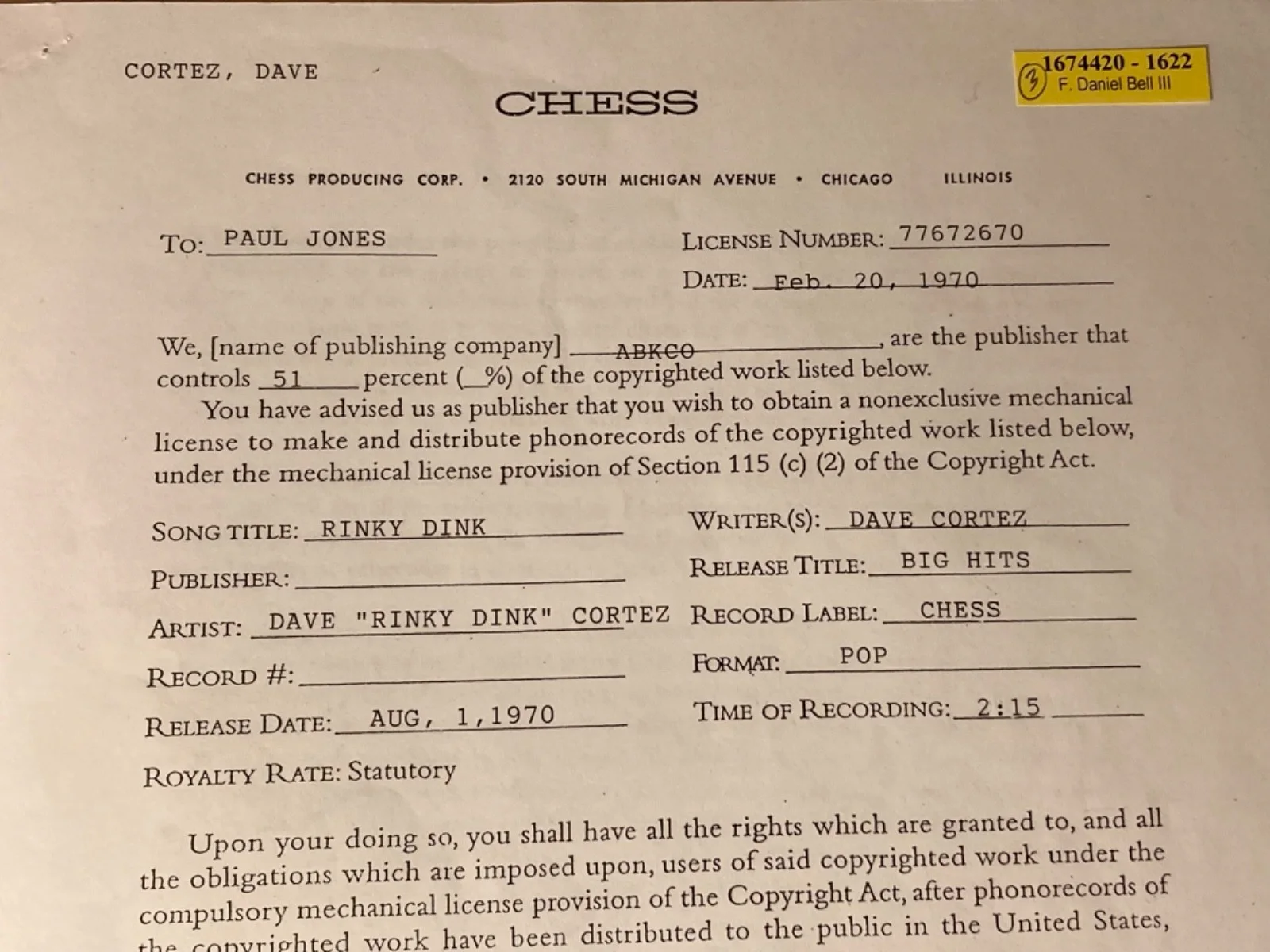Hand SIGNED Dave Cortez "Rinky Dink" Song Contract w/ CHESS Record Label, image 4