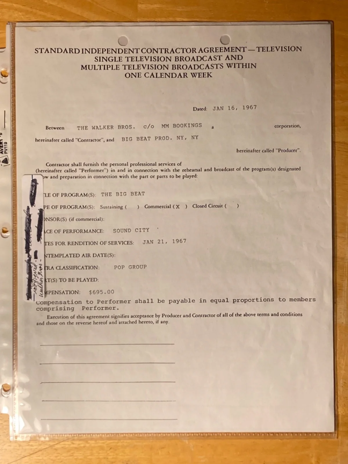 ALL 3! Hand SIGNED The Walker Brothers 1967 TV Performance Contract -Real Names!, изображение 2