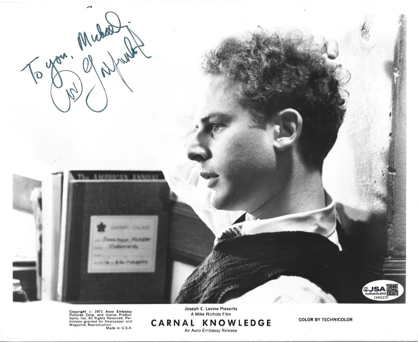 Art Garfunkel — Art Garfunkel hand SIGNED 1971 Carnal Knowledge Promo Photo JSA COA Autographed