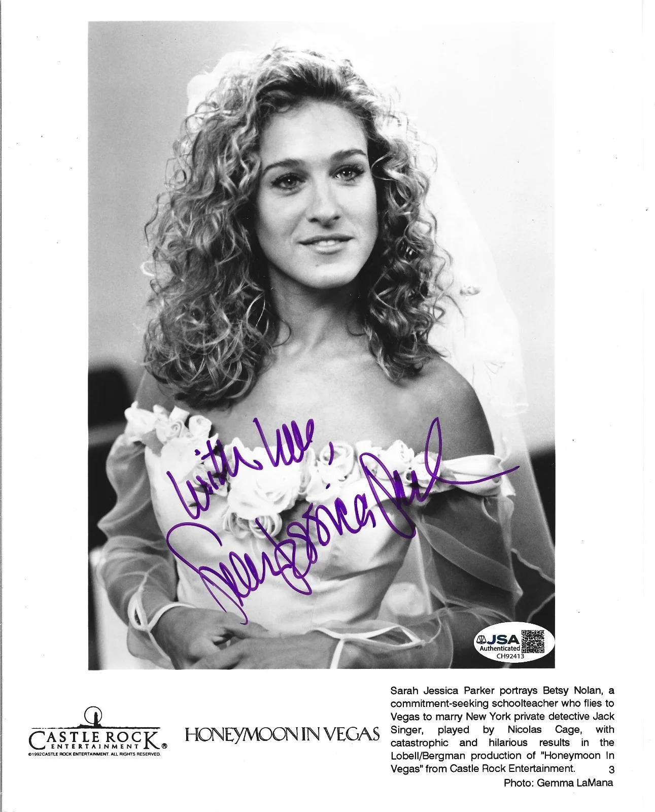 Sarah Jessica Parker — Sarah Jessica Parker hand SIGNED 1992 Honeymoon In Vegas Promo Photo JSA COA