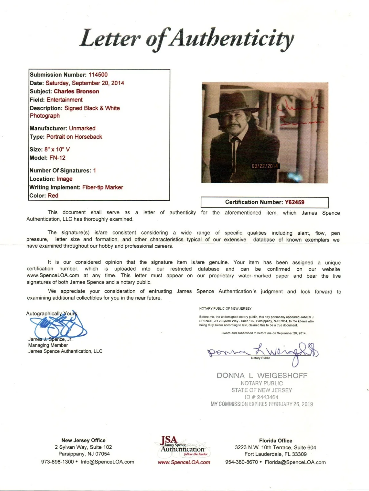 Charles Bronson — Charles Bronson Signed 8x10 Photo On Horseback – JSA Letter of Authenticity, image 3
