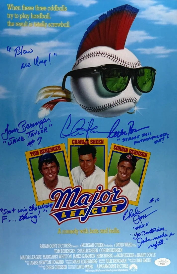Charlie Sheen, Corbin Bernsen, Tom Berenger, Chelcie Ross — Sheen, Bernsen, Berenger, Ross Signed 11x17 "Blow me Ump!" JSA Private Signing