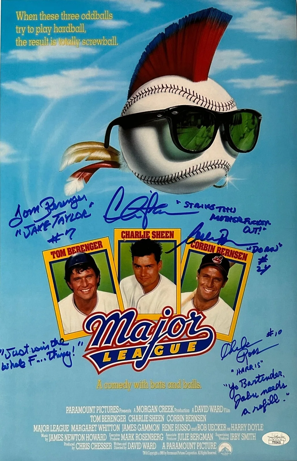 Charlie Sheen, Corbin Bernsen, Tom Berenger, Chelcie Ross — Sheen, Bernsen, Berenger, Ross Signed 11x17 "Strike that mother f*cker out!"