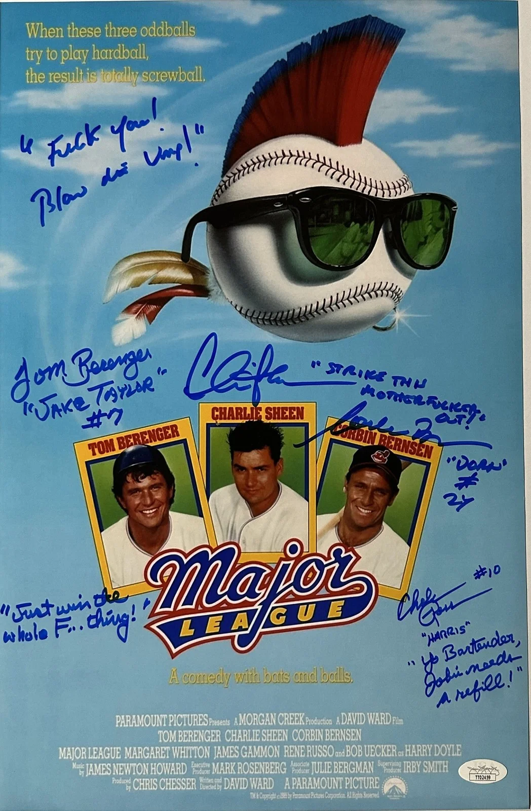 Charlie Sheen, Corbin Bernsen, Tom Berenger & Chelcie Ross — Sheen, Bernsen, Berenger, Ross Signed 11x17 "F* you! Blow me Ump!" JSA