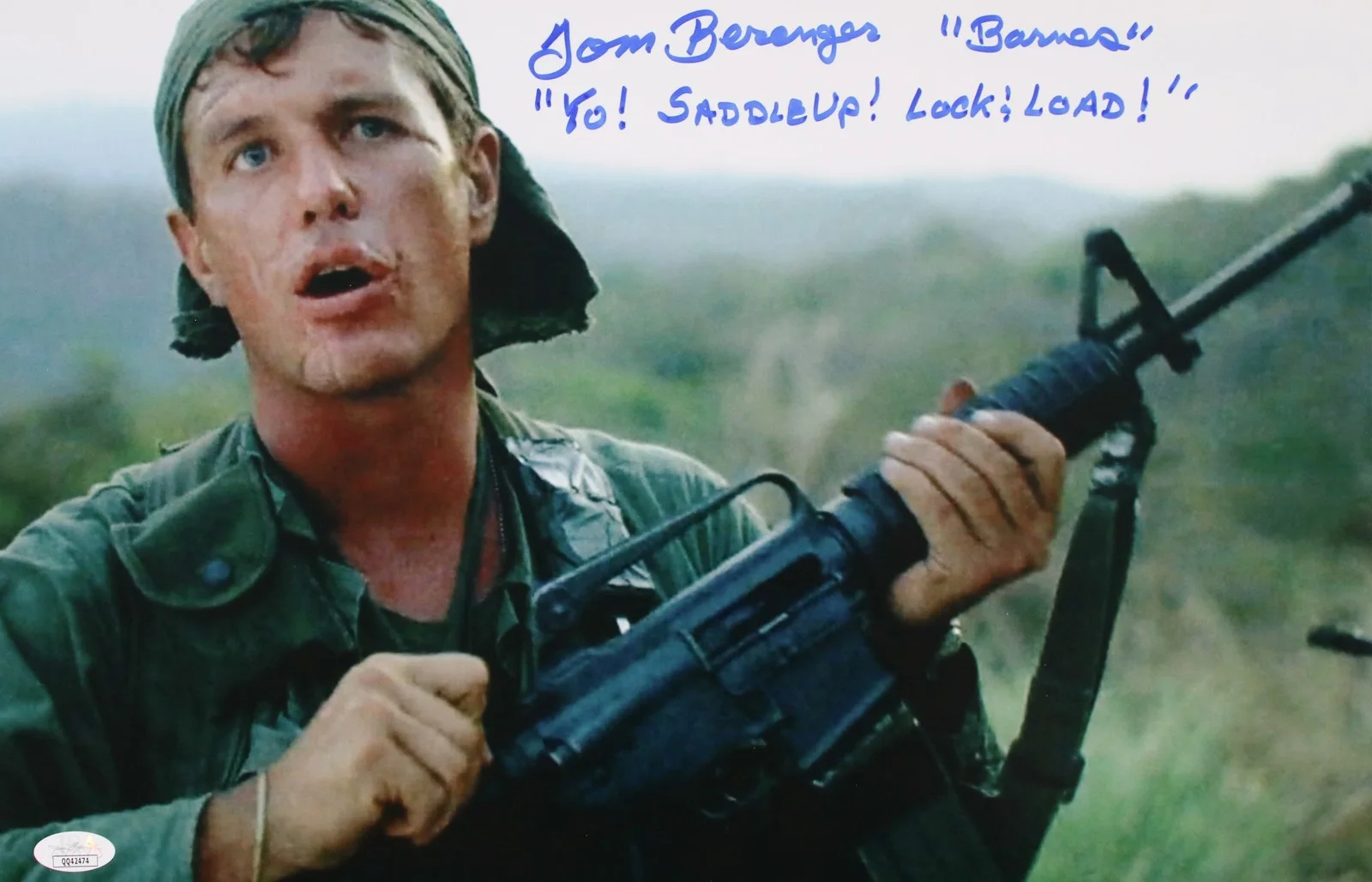 Tom Berenger — Tom Berenger Signed 11x17 Photo "Yo! Saddle Up! Lock, Load!" JSA Private Signing