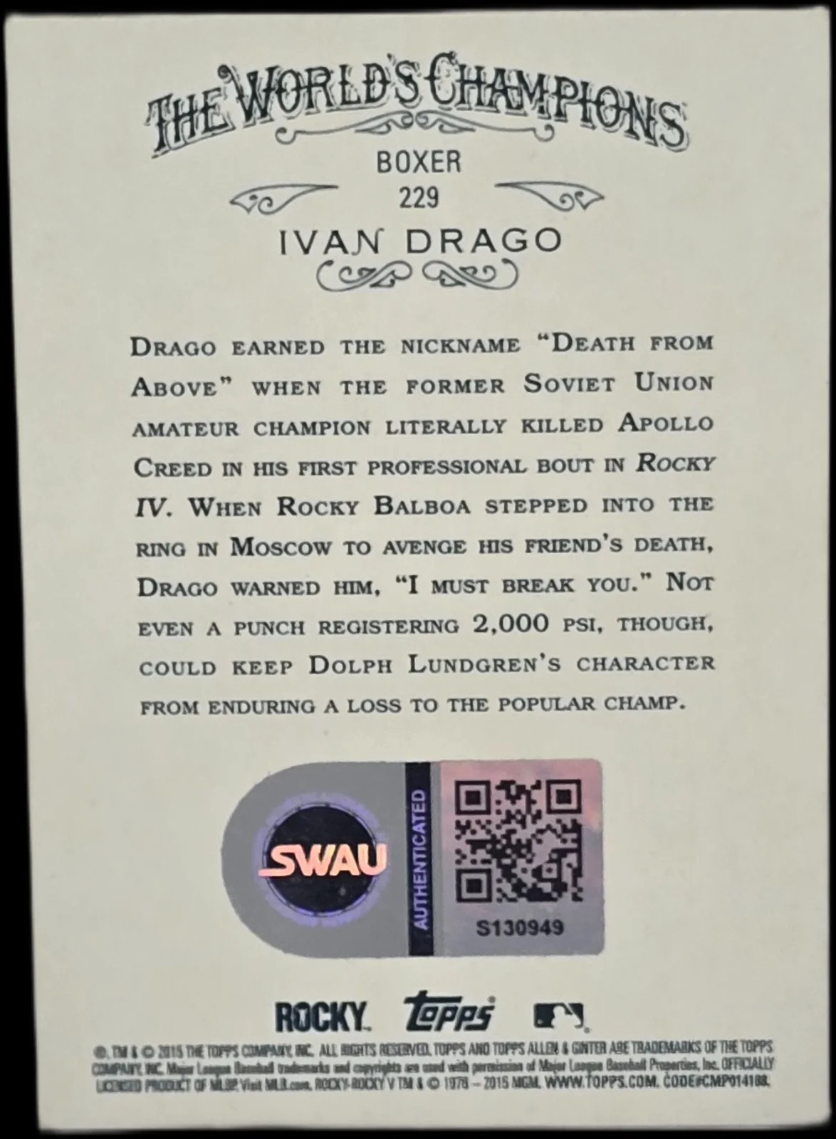 dolph lundgren — Dolph Lundgren Signed 2015 Topps Allen & Ginter Ivan Drago Card #229 SWAU #3, изображение 2