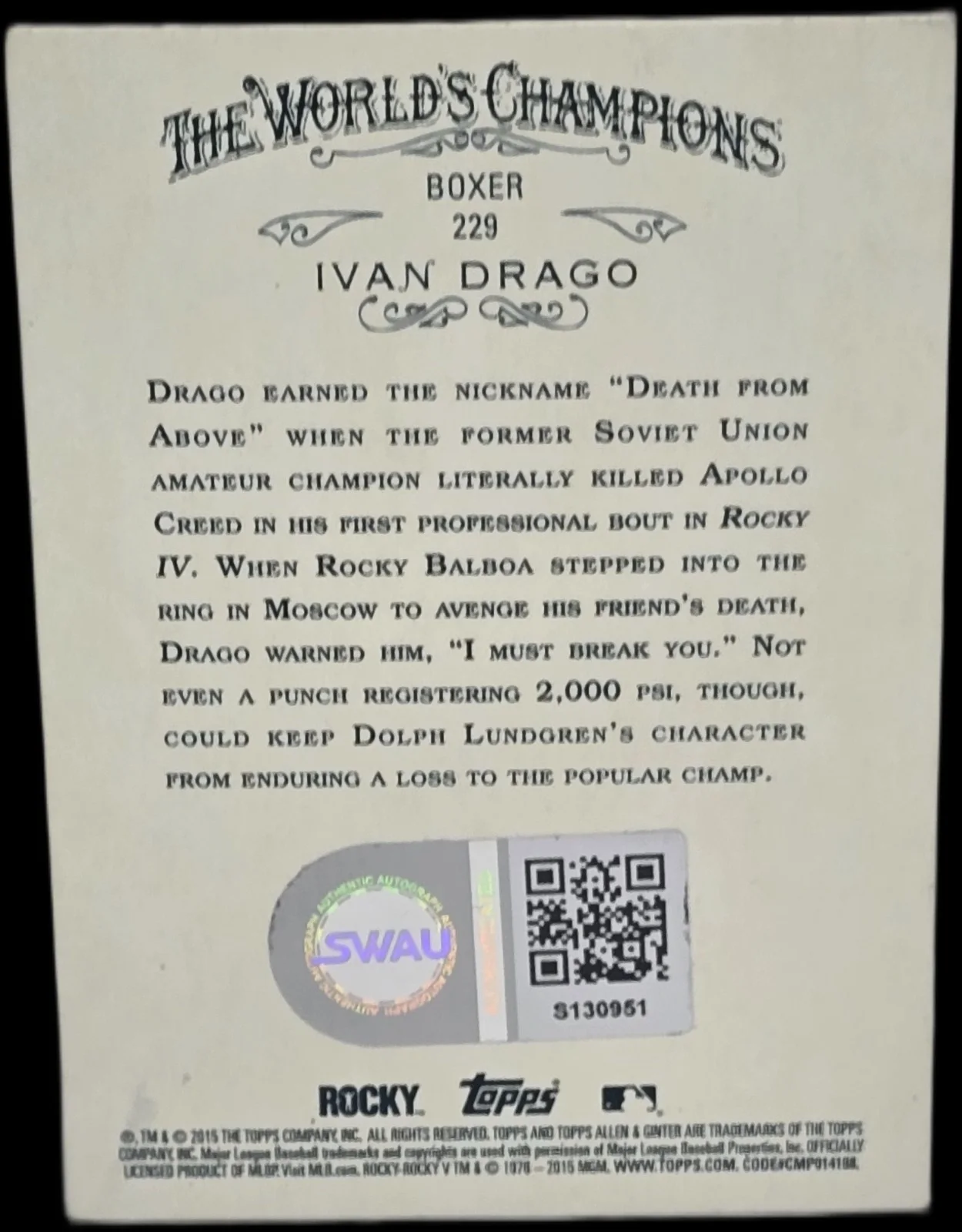 dolph lundgren — Dolph Lundgren Signed 2015 Topps Allen & Ginter Ivan Drago Card #229 SWAU #4, изображение 2
