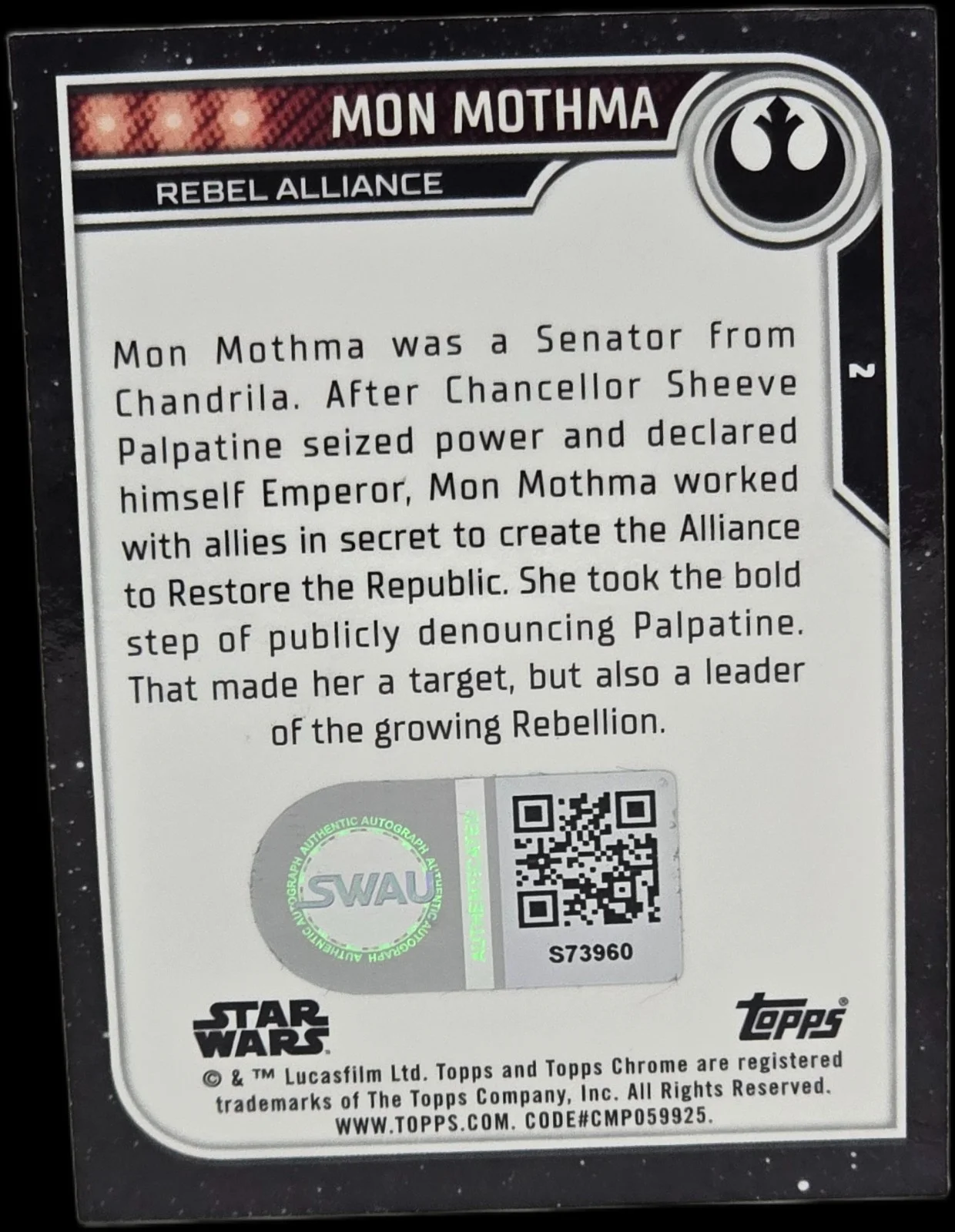 genevieve o'reilly — Genevieve O'Reilly Signed 2023 Topps Chrome Star Wars Mon Mothma #2 SWAU #3, изображение 2