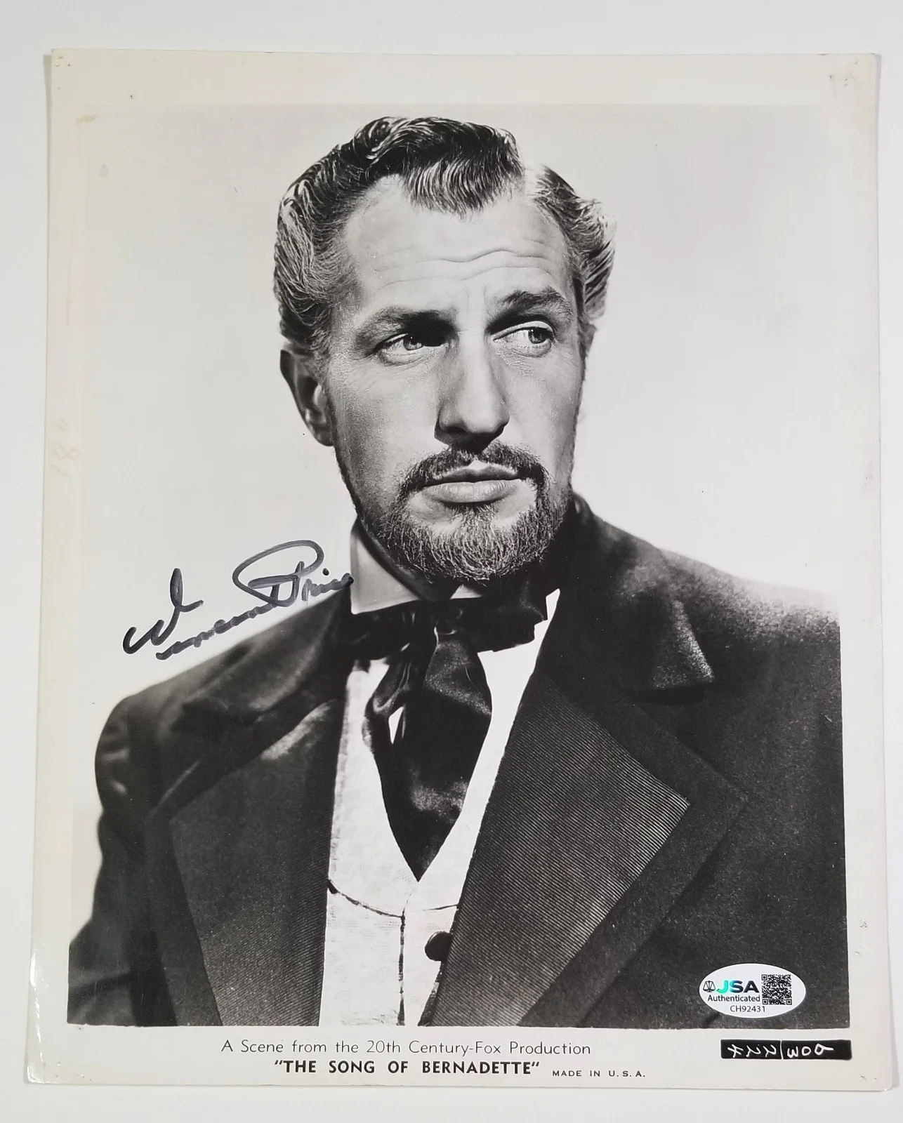 Vincent Price — Vincent Price SIGNED The Song of Bernadette Promo Photo JSA COA Autographed 1943