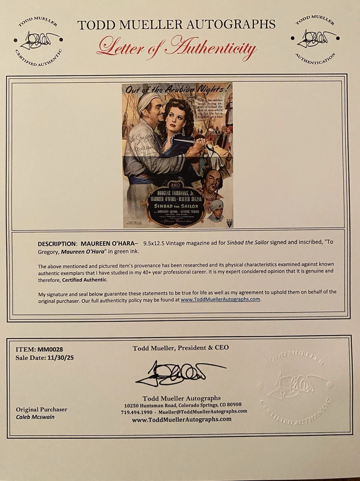 Maureen O’Hara — Maureen OHara Signed Autographed Vintage 9x12 Ad With COA Sinbad The Sailor, изображение 5