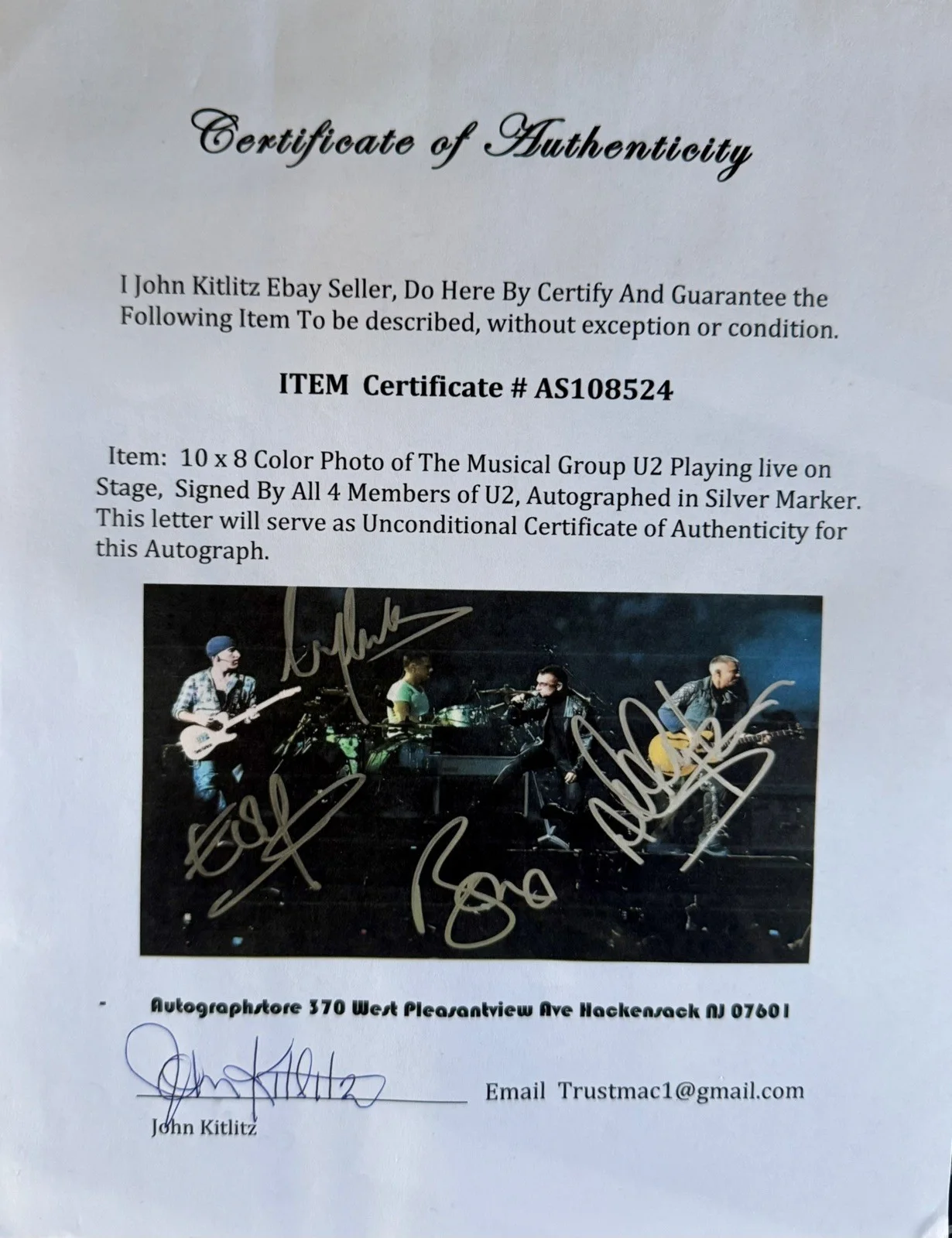 U2 Autographed (ALL 4) Glossy 8x10 w/COA-Bono, Edge, Adam, & Clay, изображение 2