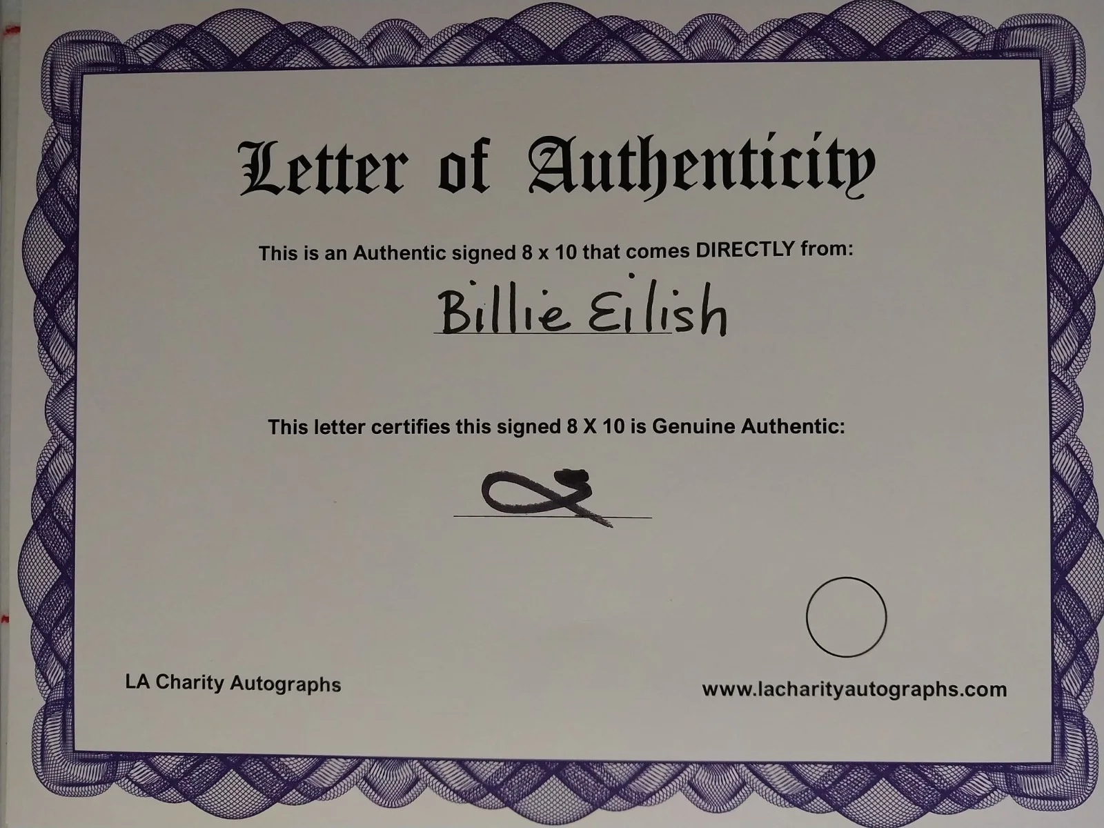 Billie Eilish signed 8x10 photo original Matte Finish LOA Guaranteed For Life, image 2