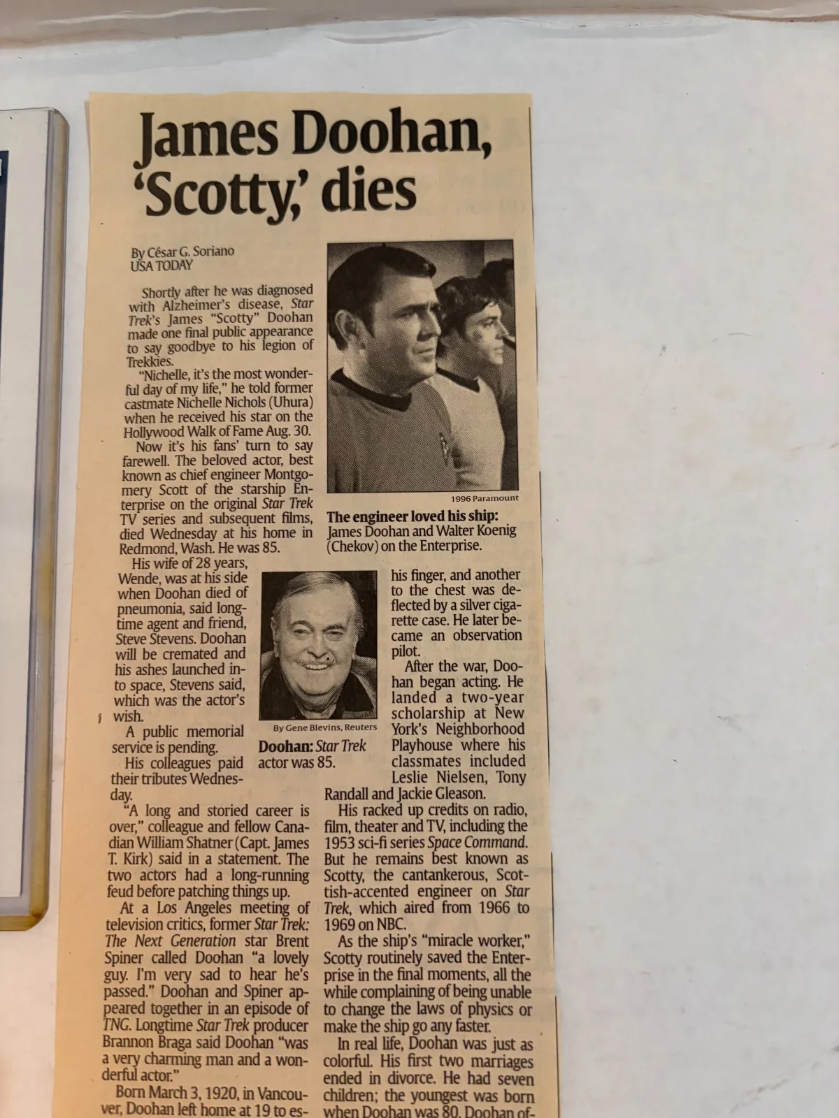 Star Trek Scotty (James Doohan) 5"x7" Photo & Newspaper Clipping Obituary DG879, изображение 3