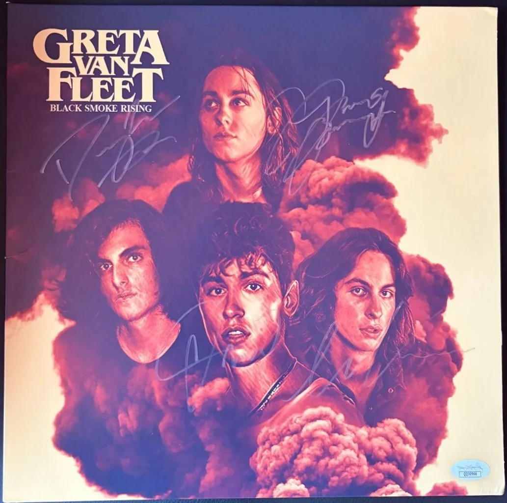 Jake Kiszka, Josh Kiszka, Sam Kiszka, Danny Wagner — GRETA VAN FLEET SIGNED AUTOGRAPHED X4 ALBUM COVER BLACK SMOKE RISING JSA COA