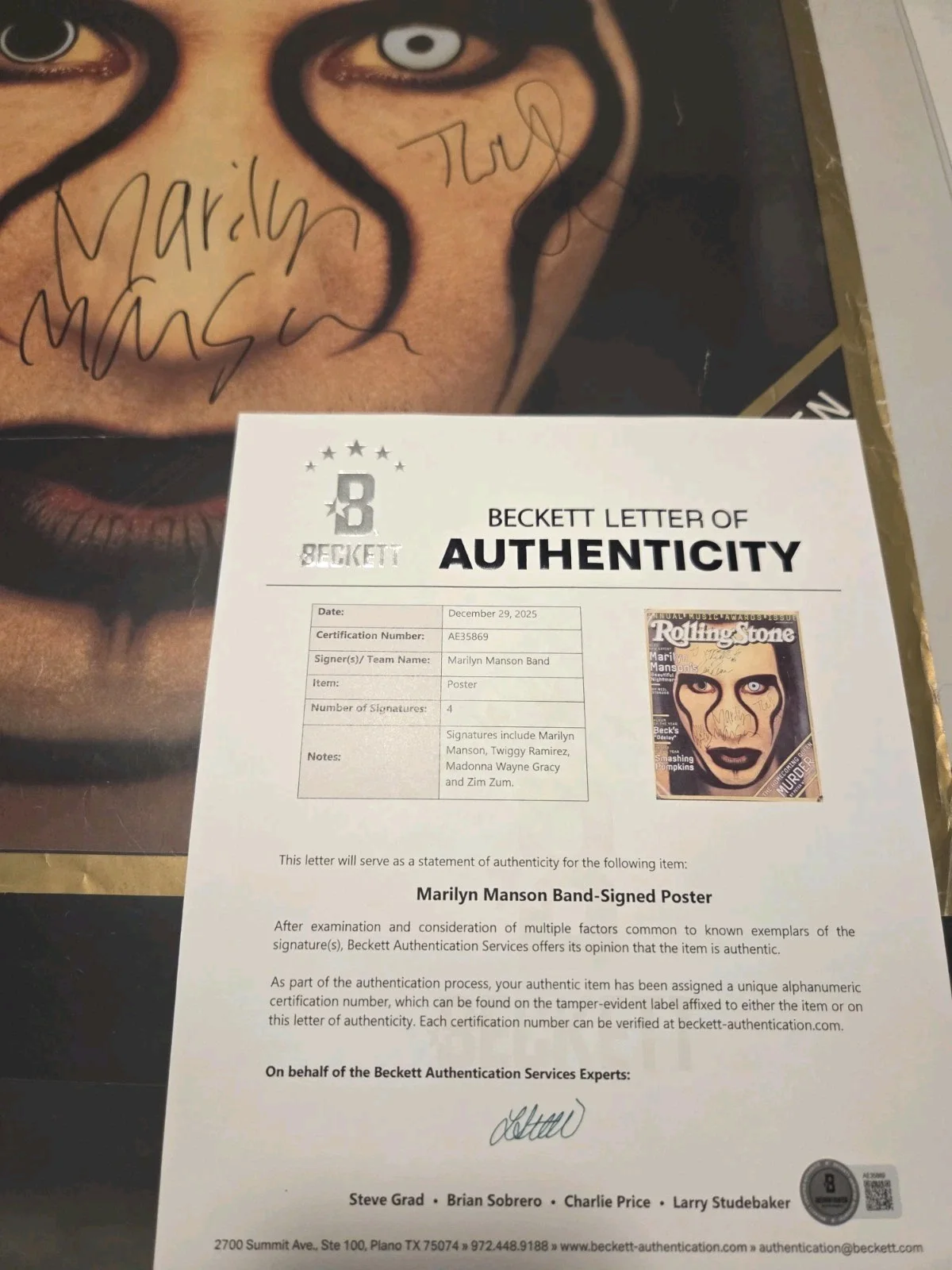 Marilyn Manson Band Signed Large Poster Beckett Bas LOA From 107.5 Xtreme, изображение 5
