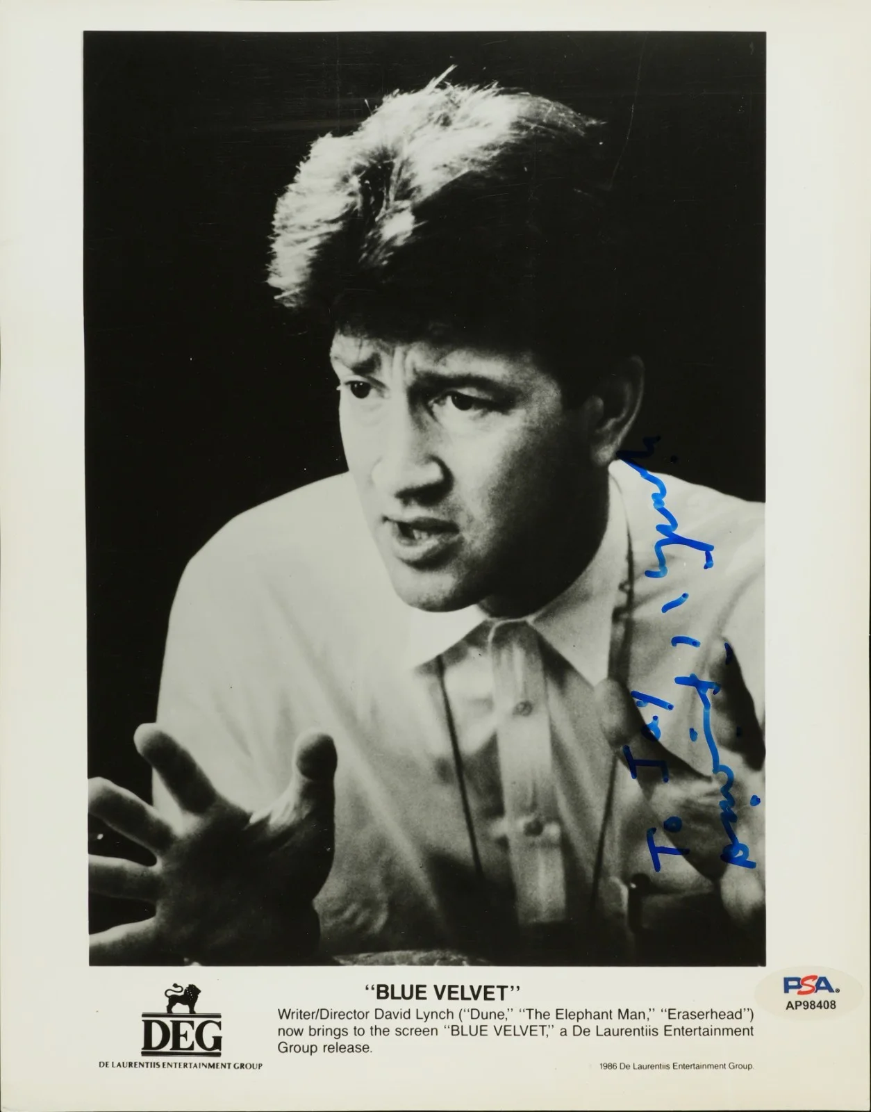 David Lynch — DAVID LYNCH SIGNED AUTOGRAPHED 8X10 PHOTO BLUE VELVET MULHOLLAND DRIVE PSA A