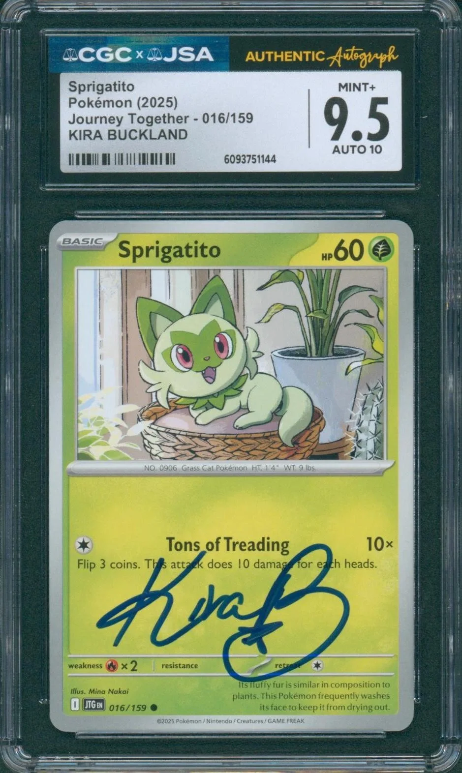 Kira Buckland — Kira Buckland Signed Card Sprigatito Pokemon Horizons Mint+ 9.5 CGC x JSA SLAB