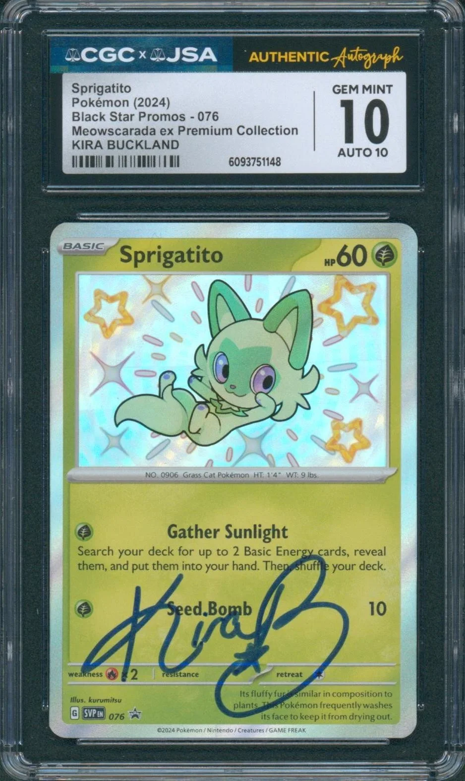 Kira Buckland — Kira Buckland Signed Card Sprigatito Pokemon Horizons Gem Mint 10 CGC x JSA SLAB