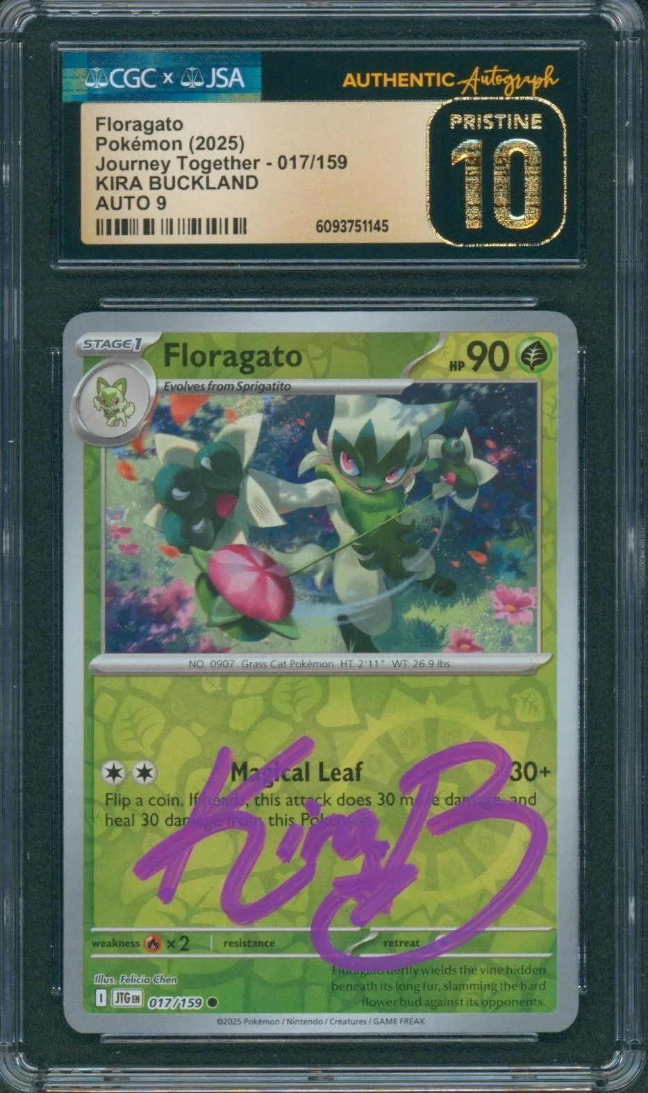 Kira Buckland — Kira Buckland Signed Card Floragato Pokemon Horizons Pristine 10 CGC x JSA SLAB