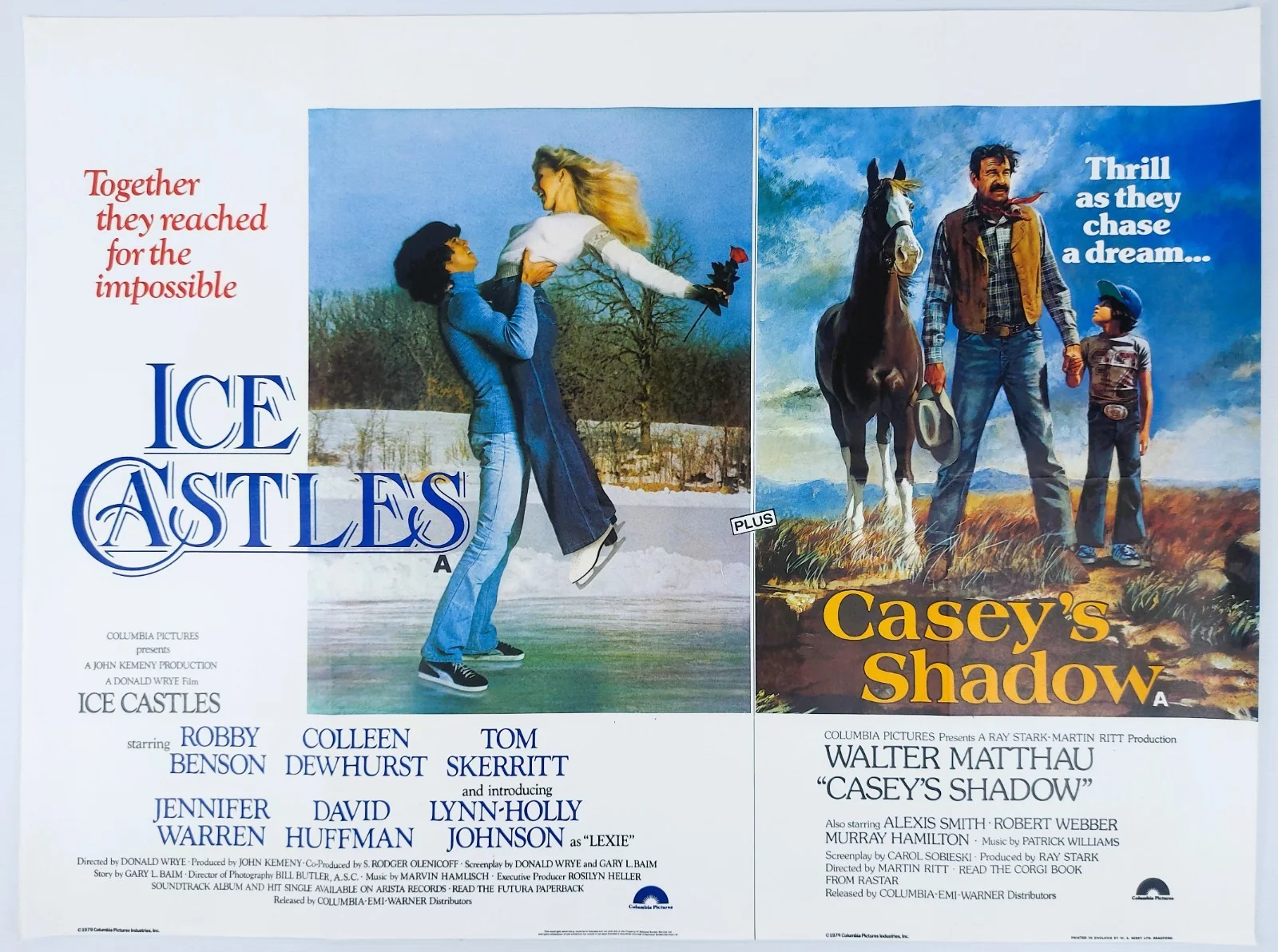 ICE CASTLES / CASEY'S SHADOW ORIGINAL UK QUAD DB FILM POSTER 1978, изображение 2