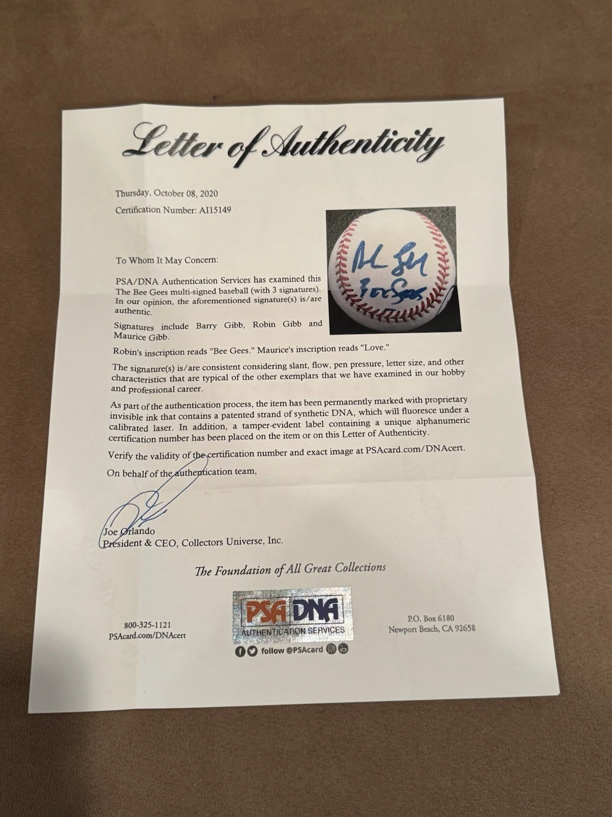 Awesome Bee Gees Signed Baseball PSA Barry Maurice Robin Gibb Music Legends, image 5