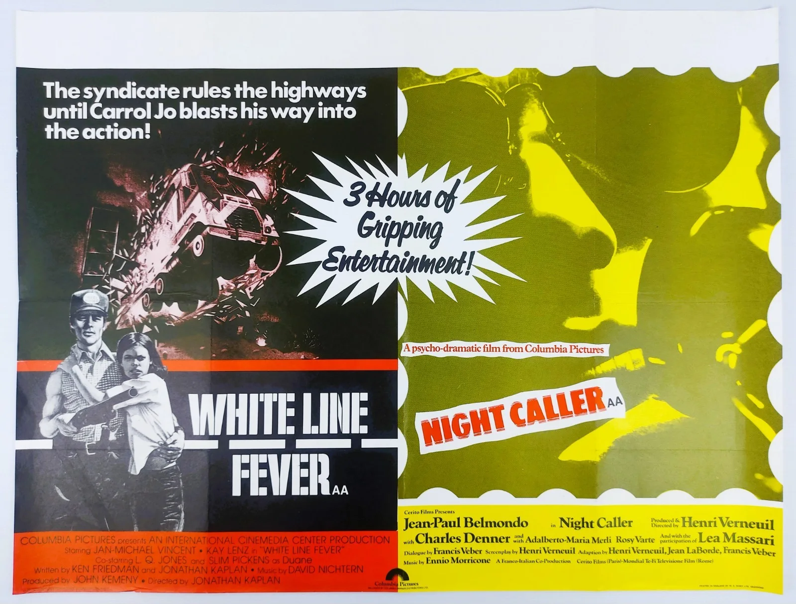 WHITE LINE FEVER / NIGHT CALLER ORIGINAL UK QUAD FILM POSTER 1975, изображение 2