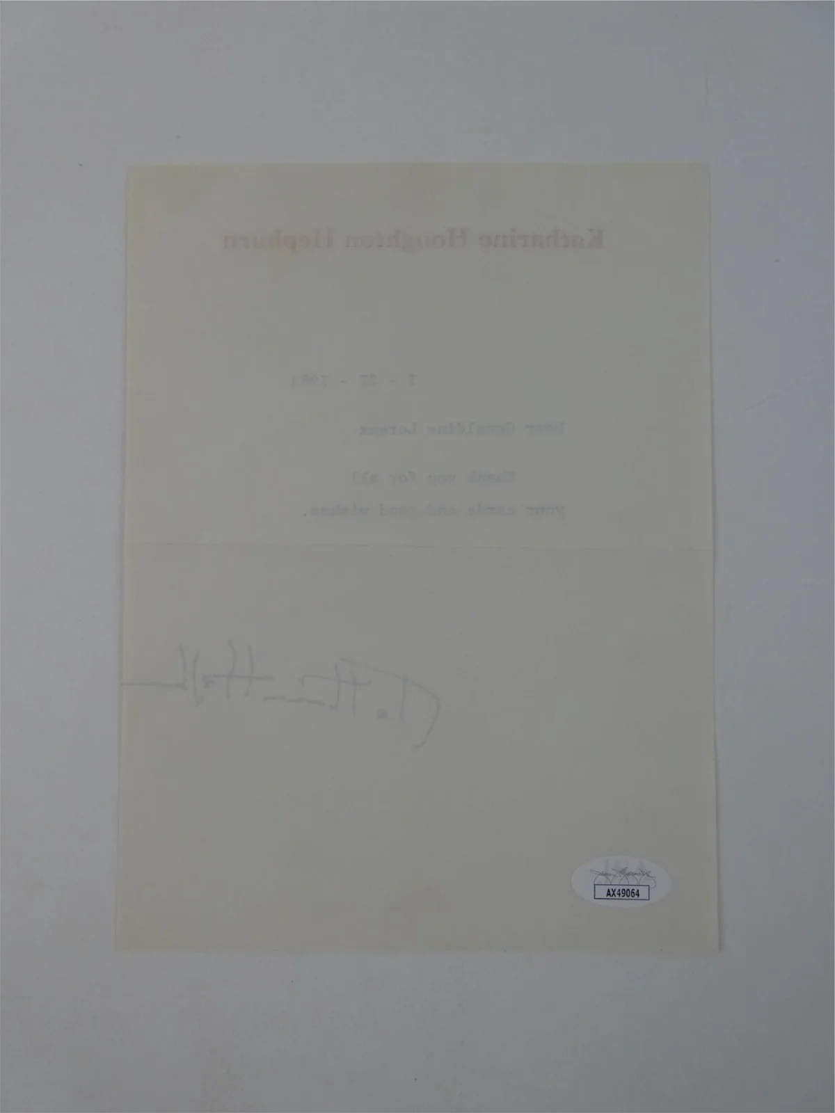 Katherine Hepburn — Katharine Hepburn Signed Typed Letter TLS Autographed 6x8 w/ Envelope, JSA COA, изображение 4