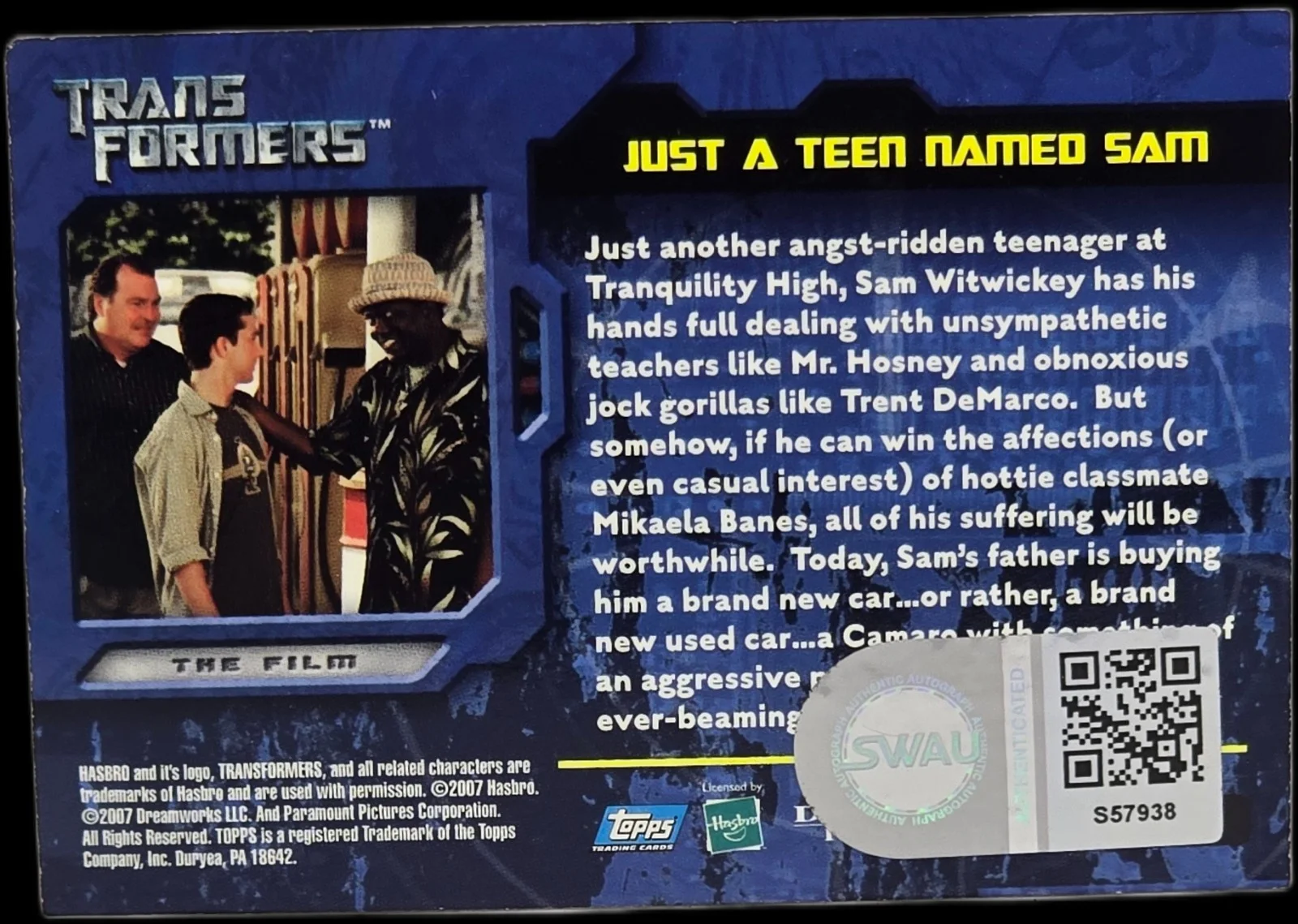 shia lebeouf — Shia LeBeouf Signed 2007 TOPPS TRANSFORMERS MOBIE CARD #33 SWAU #2, image 2
