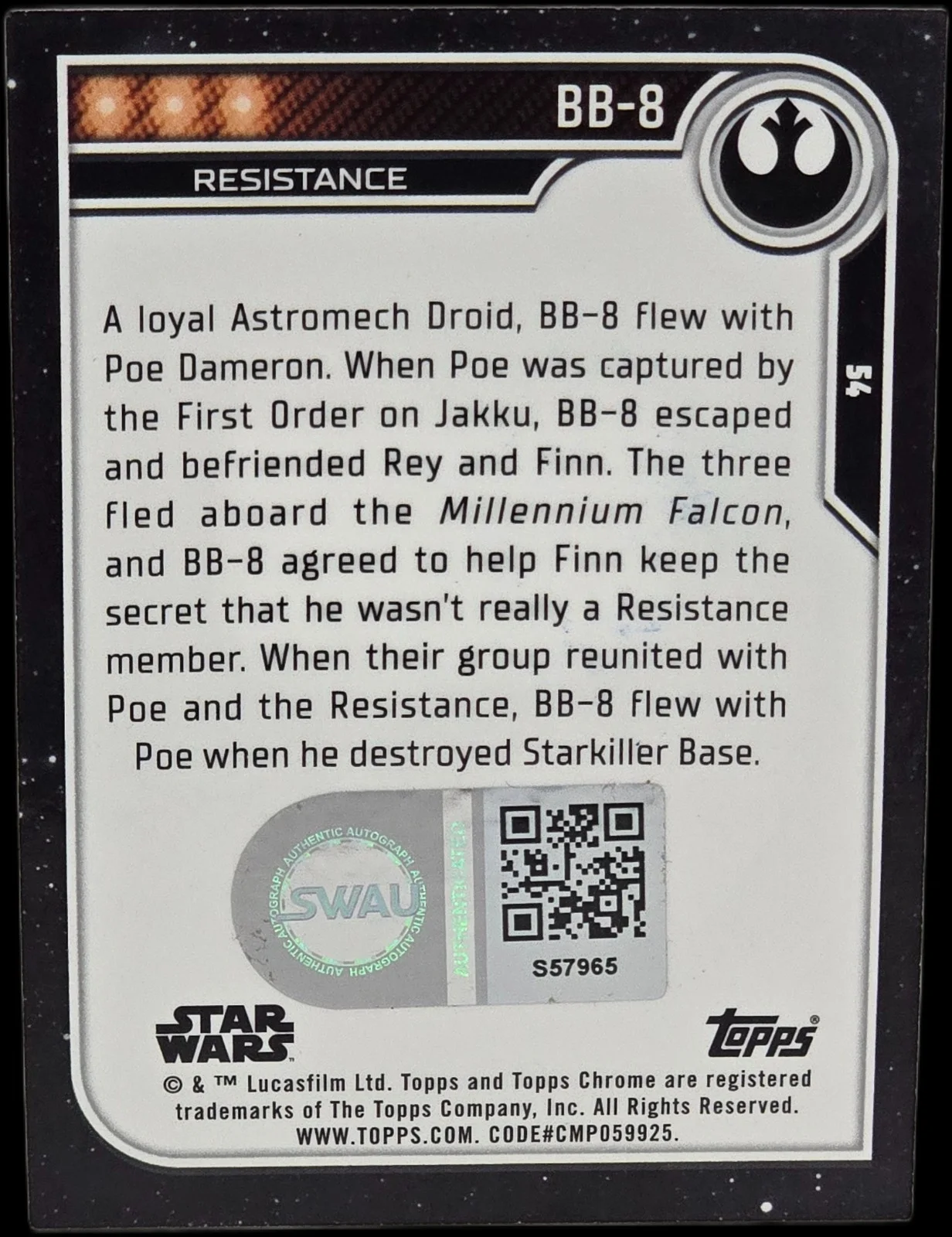 j.j. abrams — JJ Abrams Signed 2023 Topps Chrome Star Wars Resistance BB-8 #54 SWAU #1, изображение 2