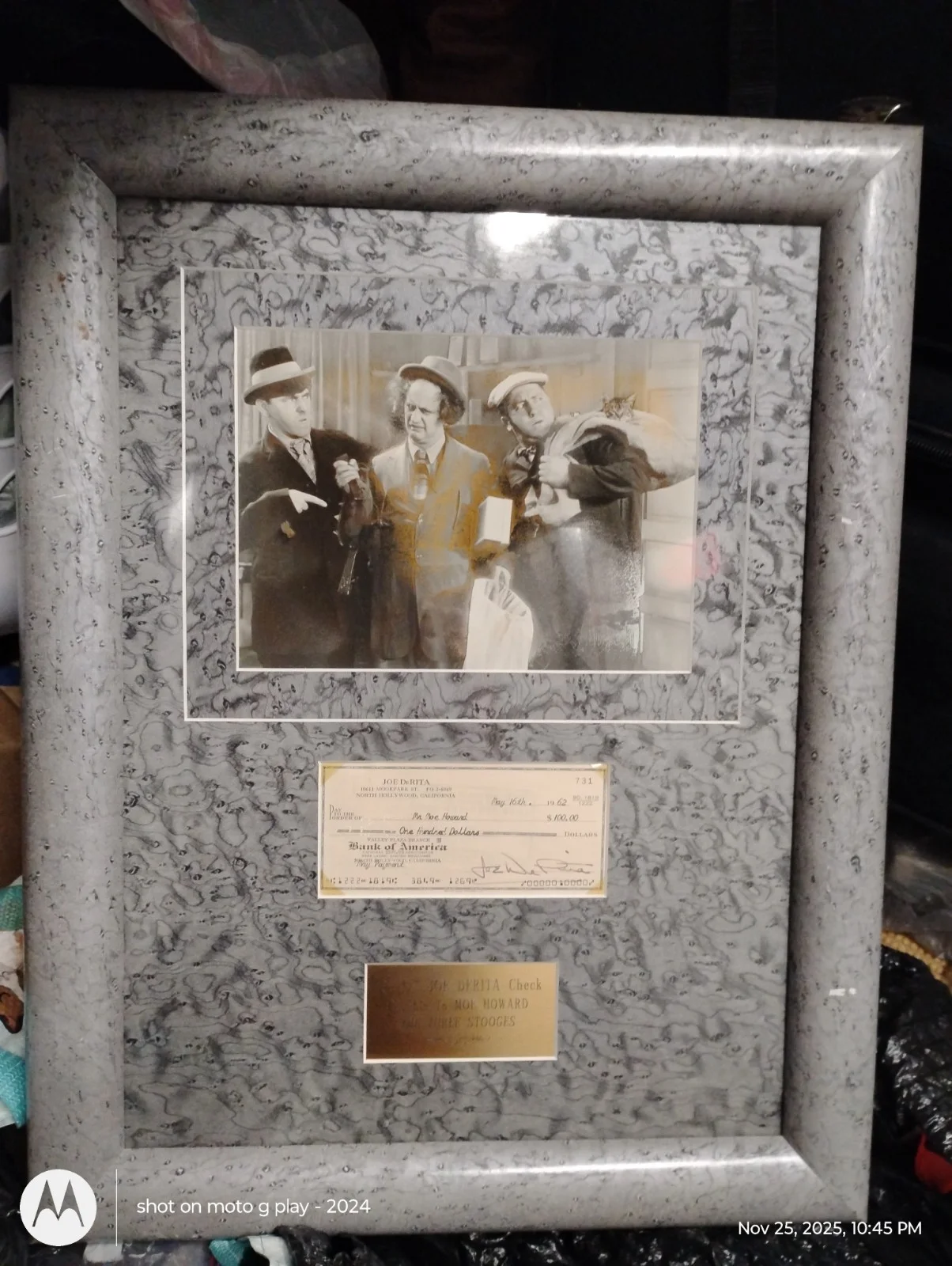 three stooges collectibles. A Signed Check By Curlie Displayed In Framed Art..., image 2