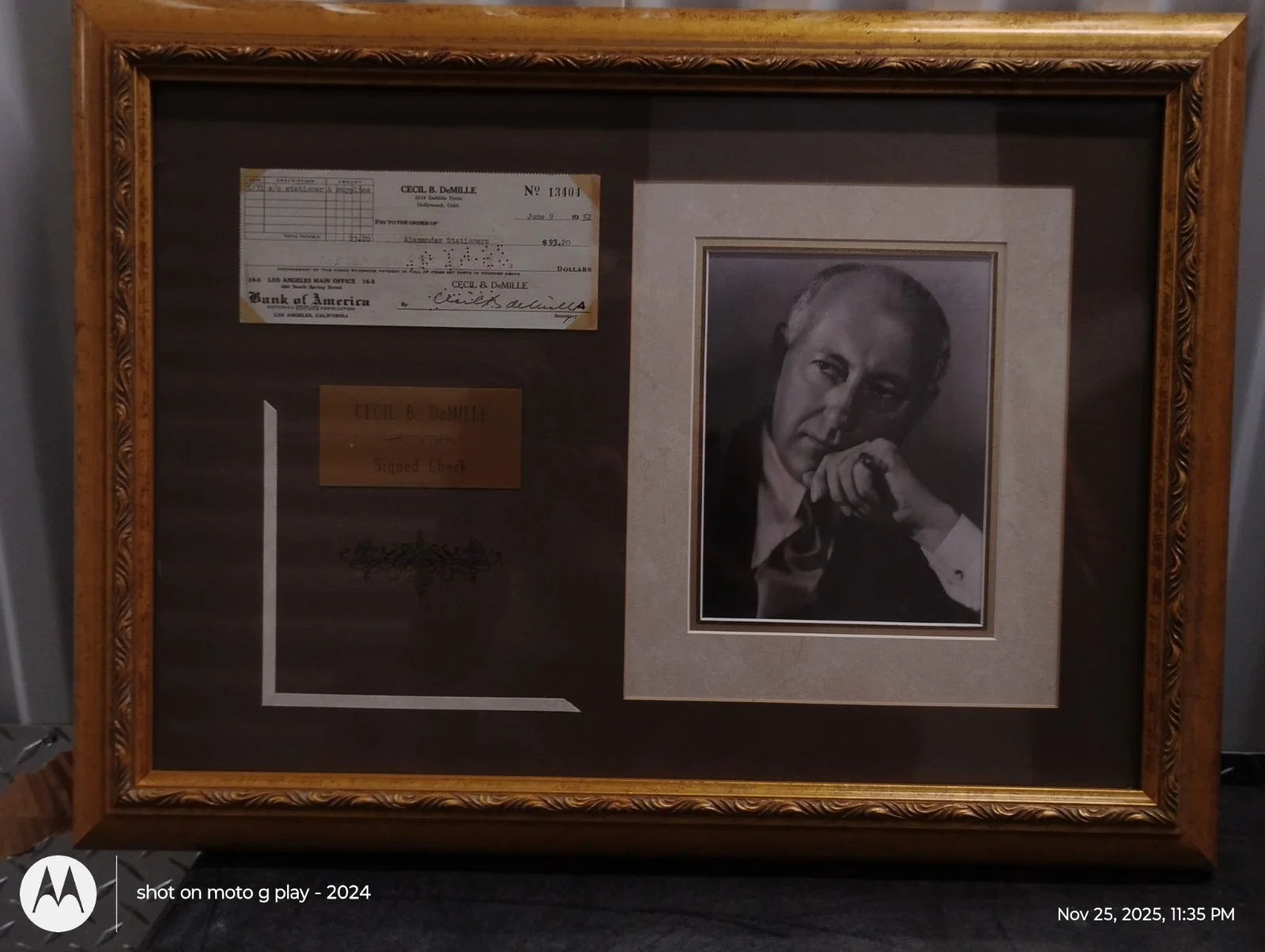 Cecil B. DeMille — Cecil B. DeMille (d. 1959) Signed Autographed Vintage Signature check Framed
